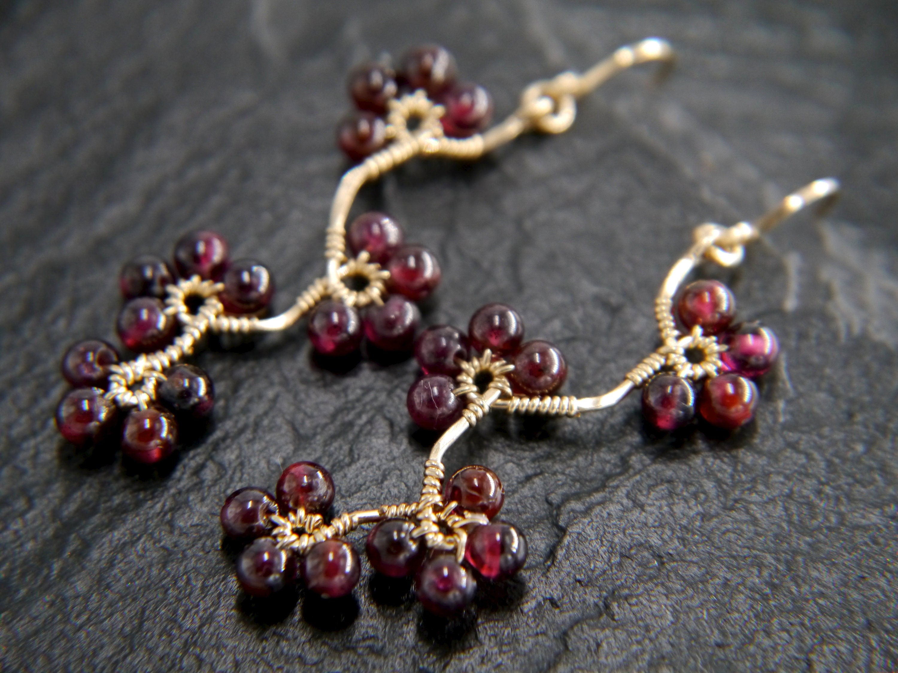 Garnet Floral Dangle Gemstone Earrings, 14K Gold Filled Artisan Heirloom