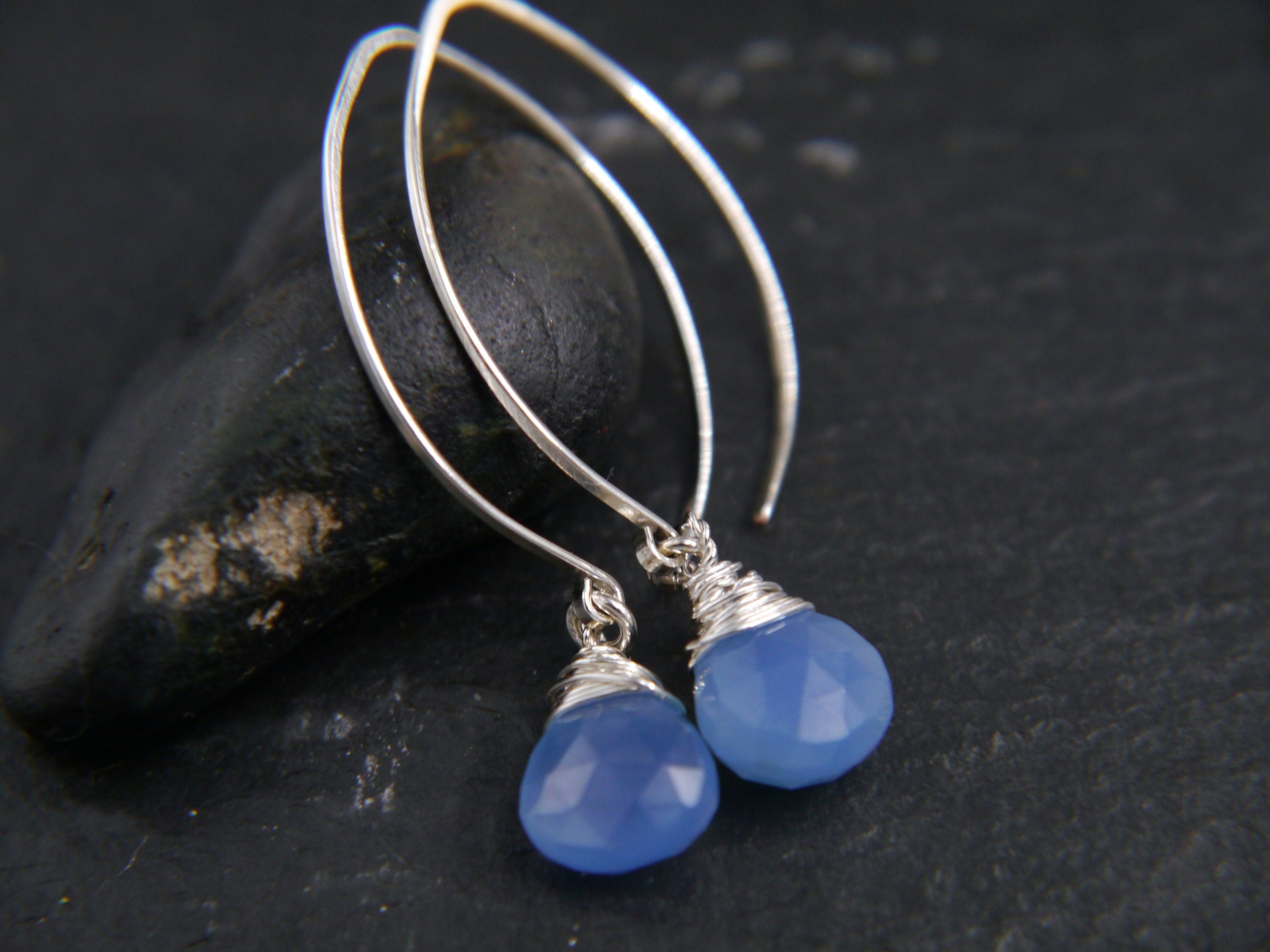 Aqua Chalcedony Long Hoop Dangle Gemstone Earrings, Sterling Silver
