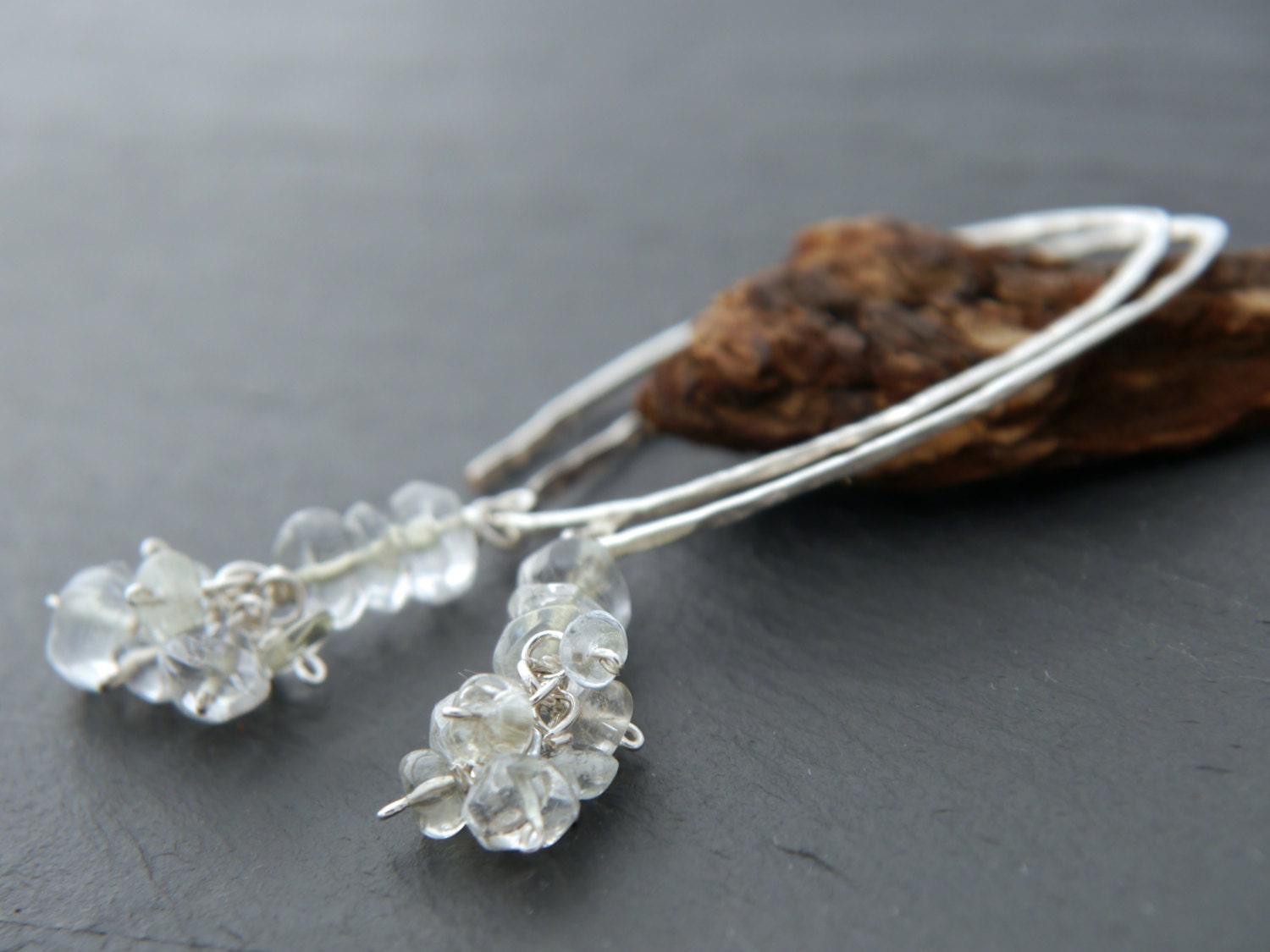 Quartz Long Dangle Hoop Wire Wrapped Gemstone Earrings, Sterling Silver Wedding Jewelry