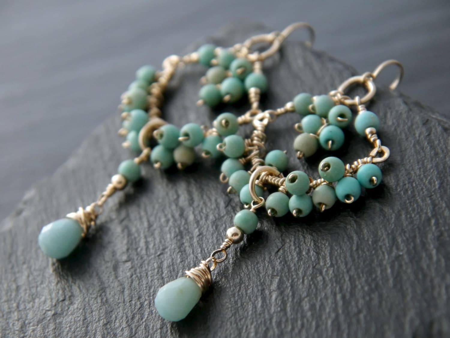 Amazonite Turquoise Chandelier Earrings, 14K Gold Filled Boho Statement Dangle, Coastal Jewelry