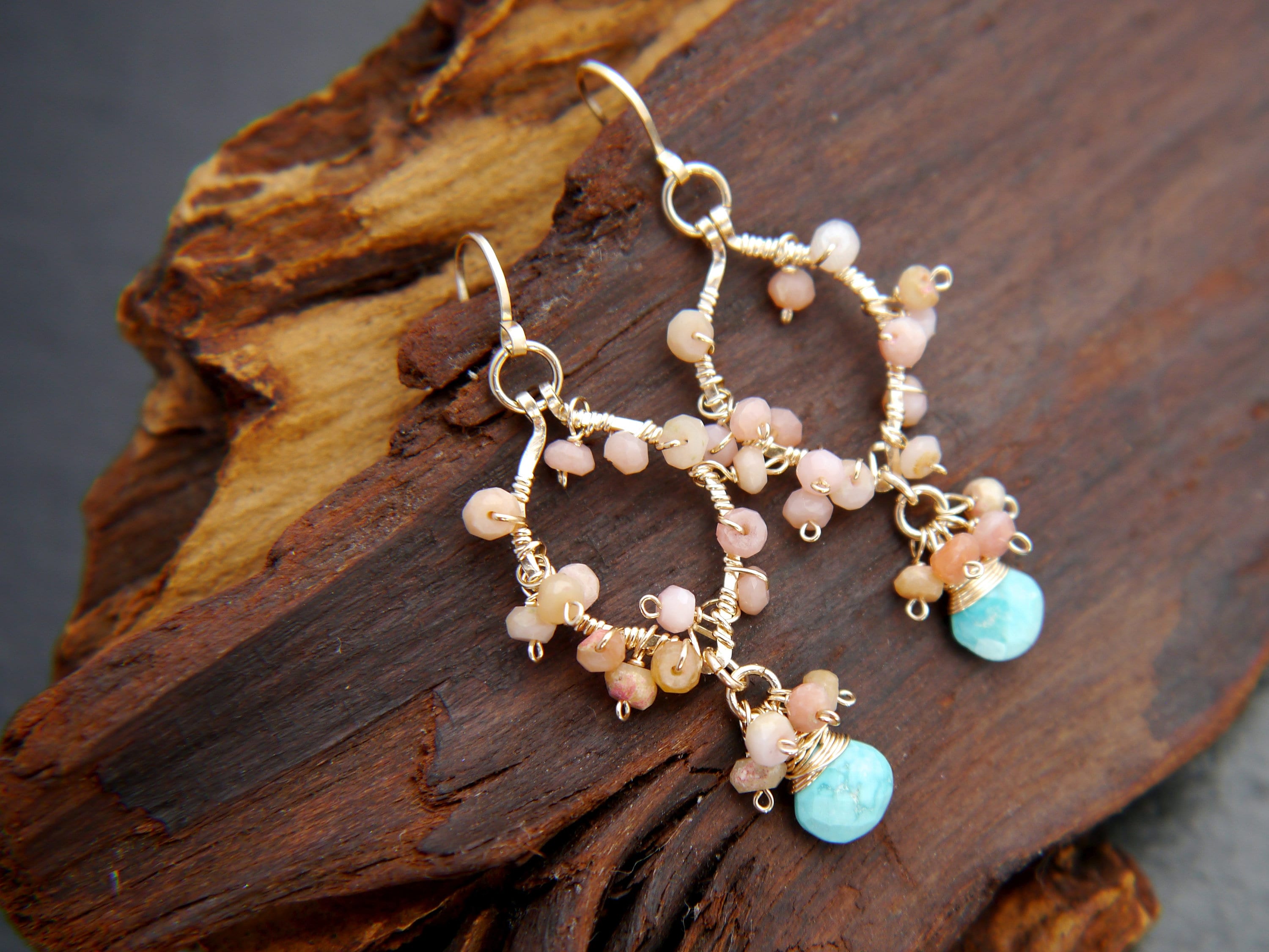Turquoise Pink Opal Floral Gemstone Earrings, 14K Gold Filled Garden Wedding
