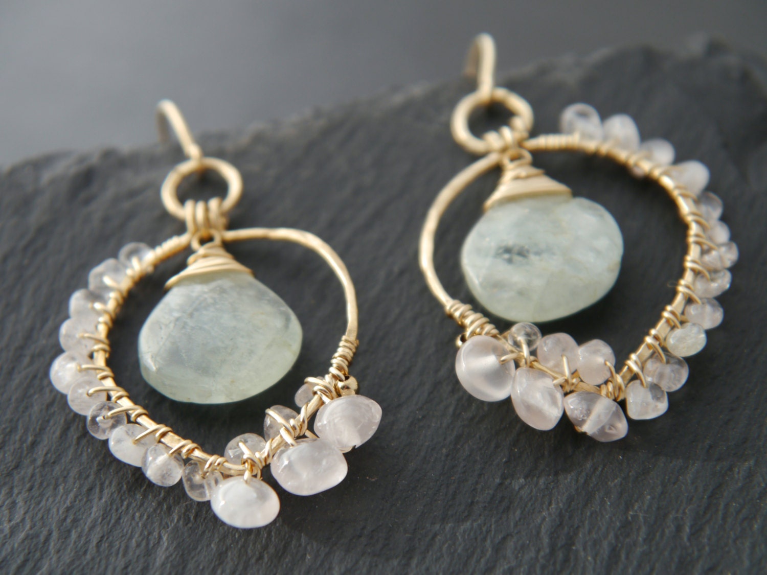 Aquamarine Rose Quartz Floral Chandelier Gemstone Earrings, 14K Gold Filled Wedding