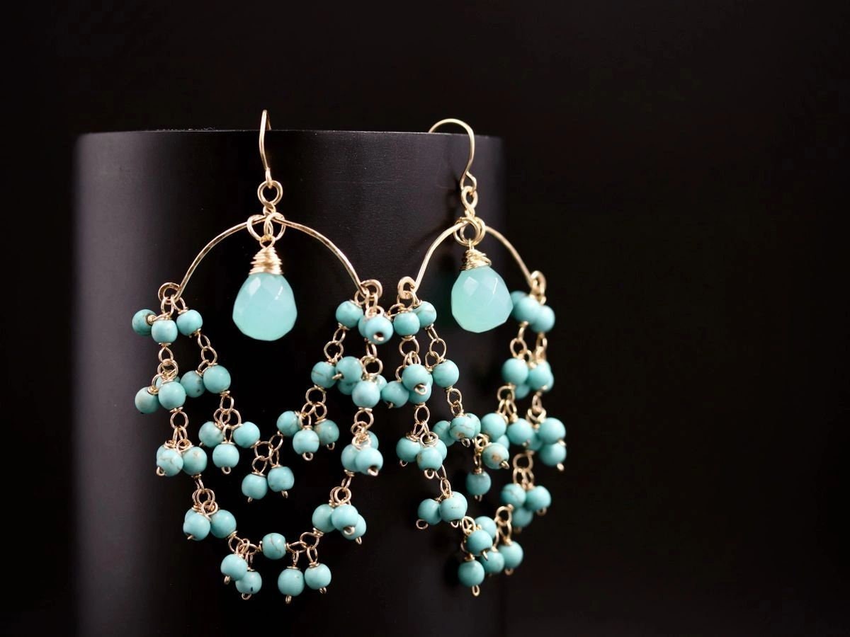 Turquoise Magnesite Aqua Chalcedony Fringe, Gemstone Earrings, 14K Gold Filled Bohemian Wedding