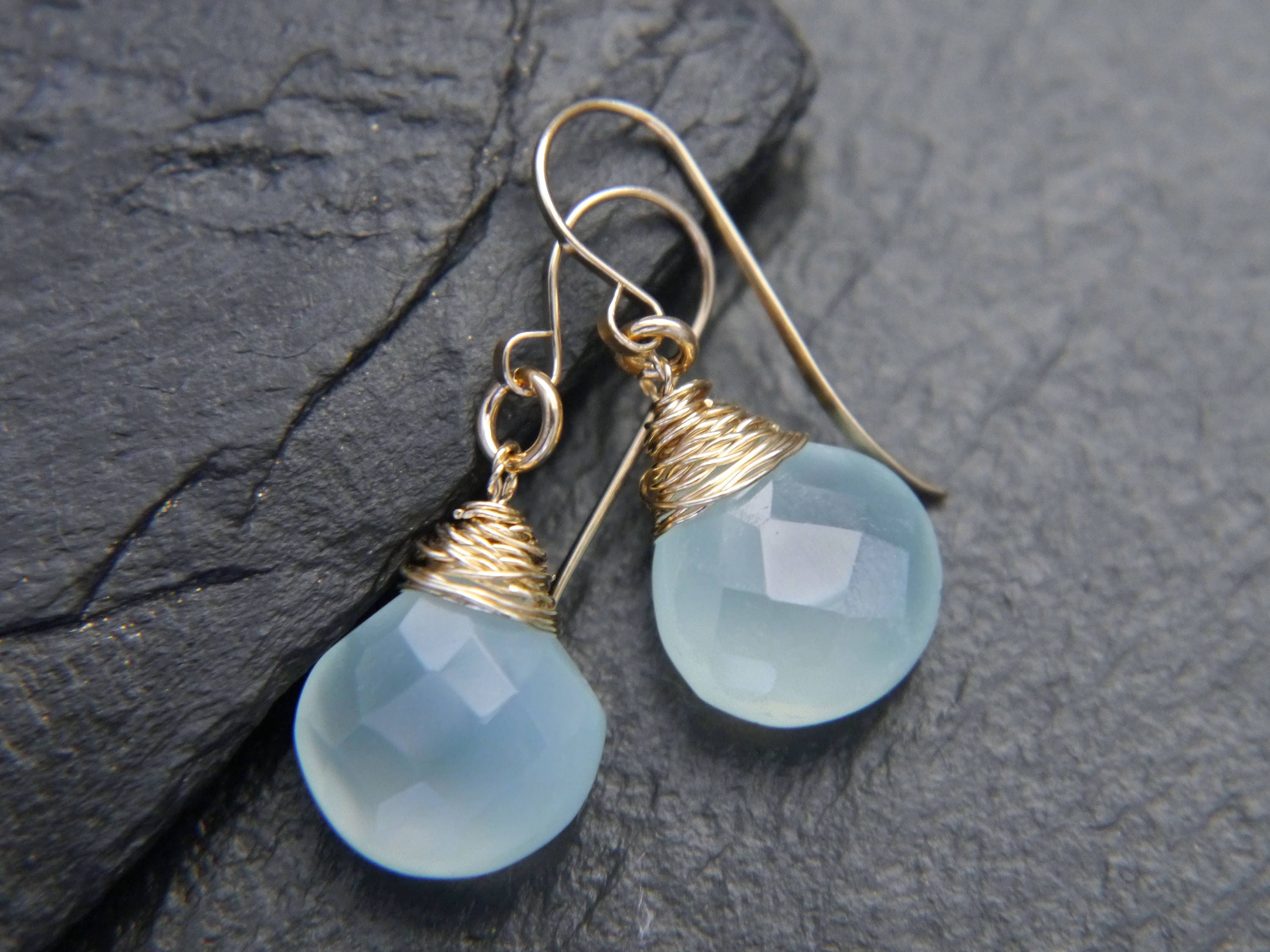 Blue Green Chalcedony Heart Briolette Teardrop Gemstone Earrings, 14K Gold Filled Bohemian Style