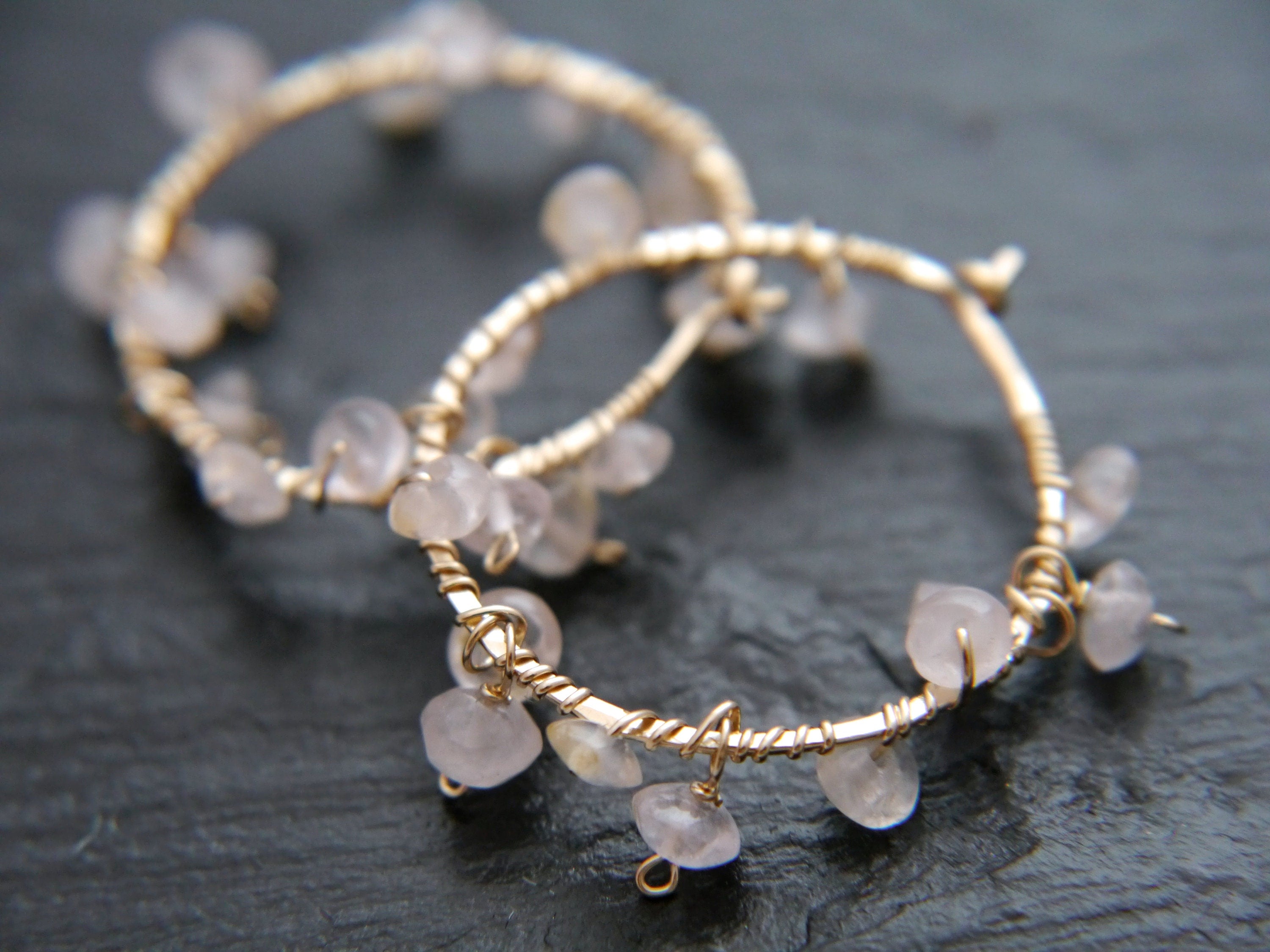 Rose Quartz Hoop Gemstone Earrings, 14K Gold Filled Boho Style Jewelry