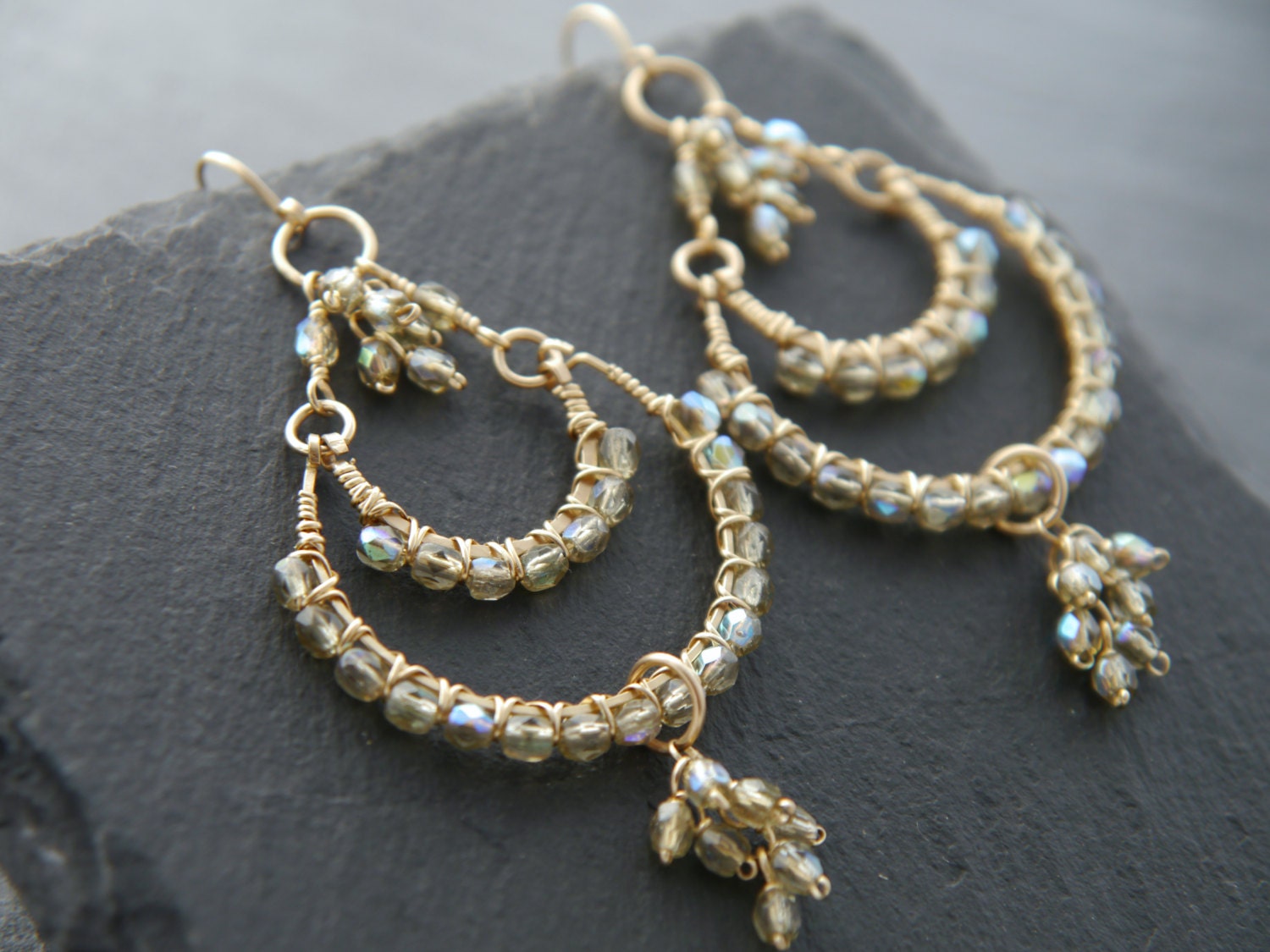 Champagne Crystal Chandelier Gemstone Earrings, 14K Gold Filled Bohemian Style
