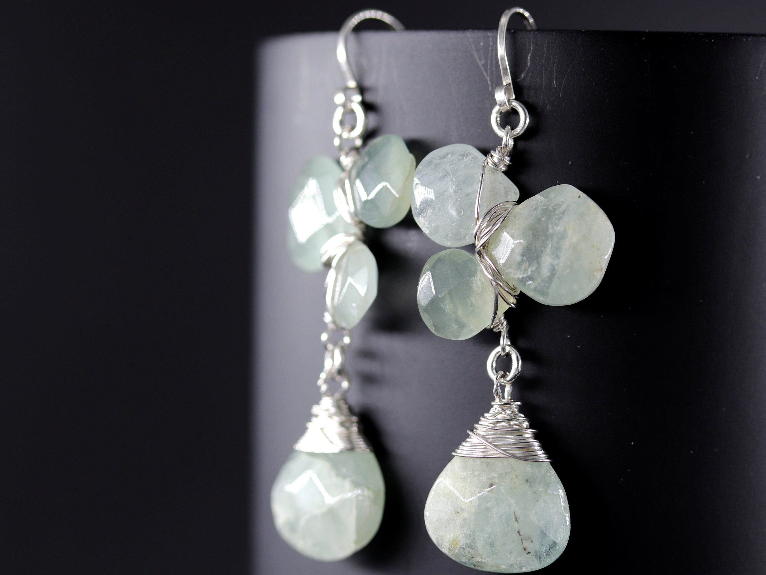 Aquamarine Flower Gemstone Earrings, Sterling Silver Wire Wrapped, Garden Wedding
