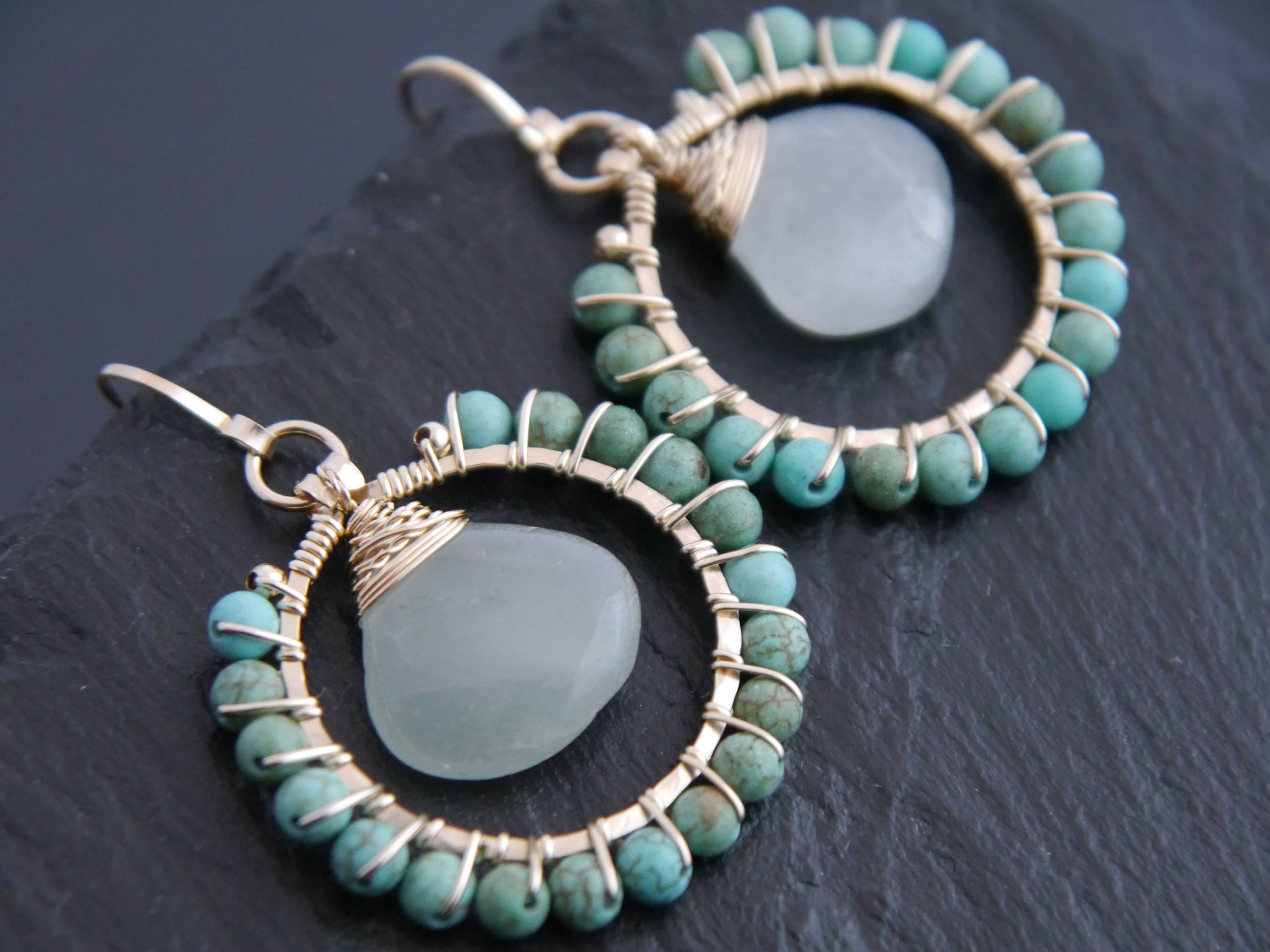 Turquoise Magensite Aquamarine Teardrop Hoop Gemstone Earrings, 14K Gold Filled