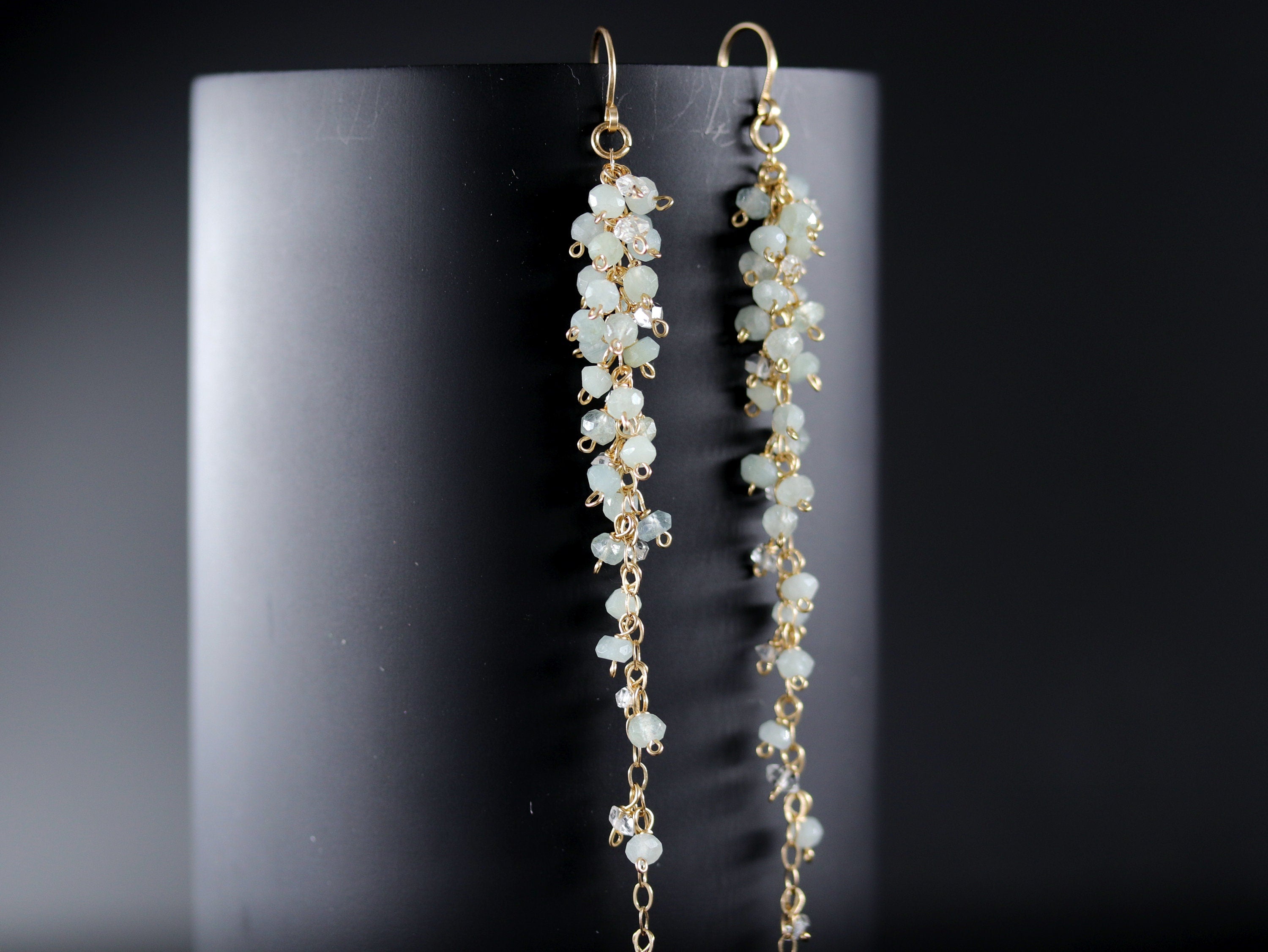 Aquamarine Herkimer Tassel Earrings, 14K Gold Filled Long Duster, Minimal Statement