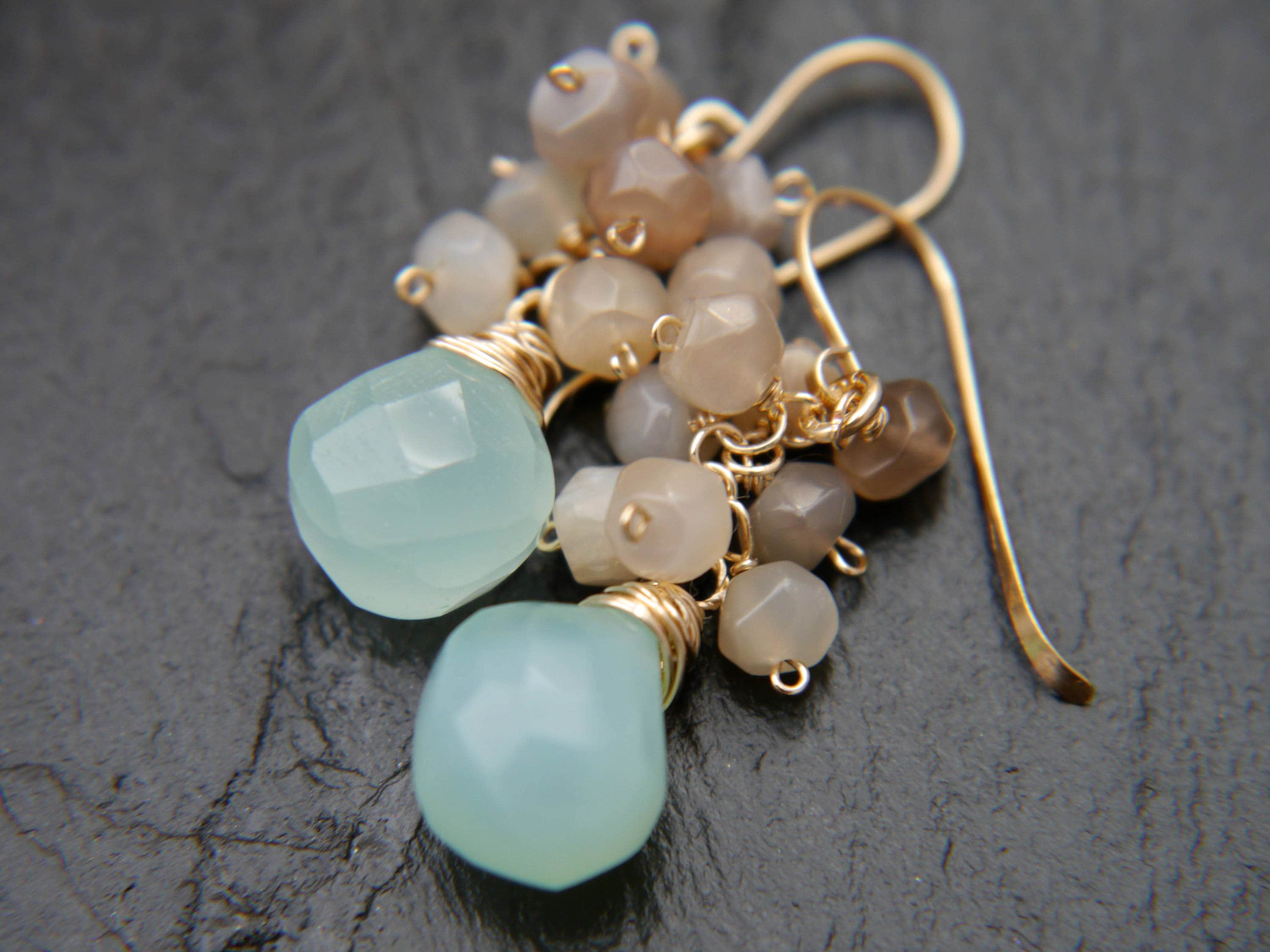 Moonstone Cluster Aqua Chalcedony Heart Gemstone Earrings, 14K Gold Filled Romantic