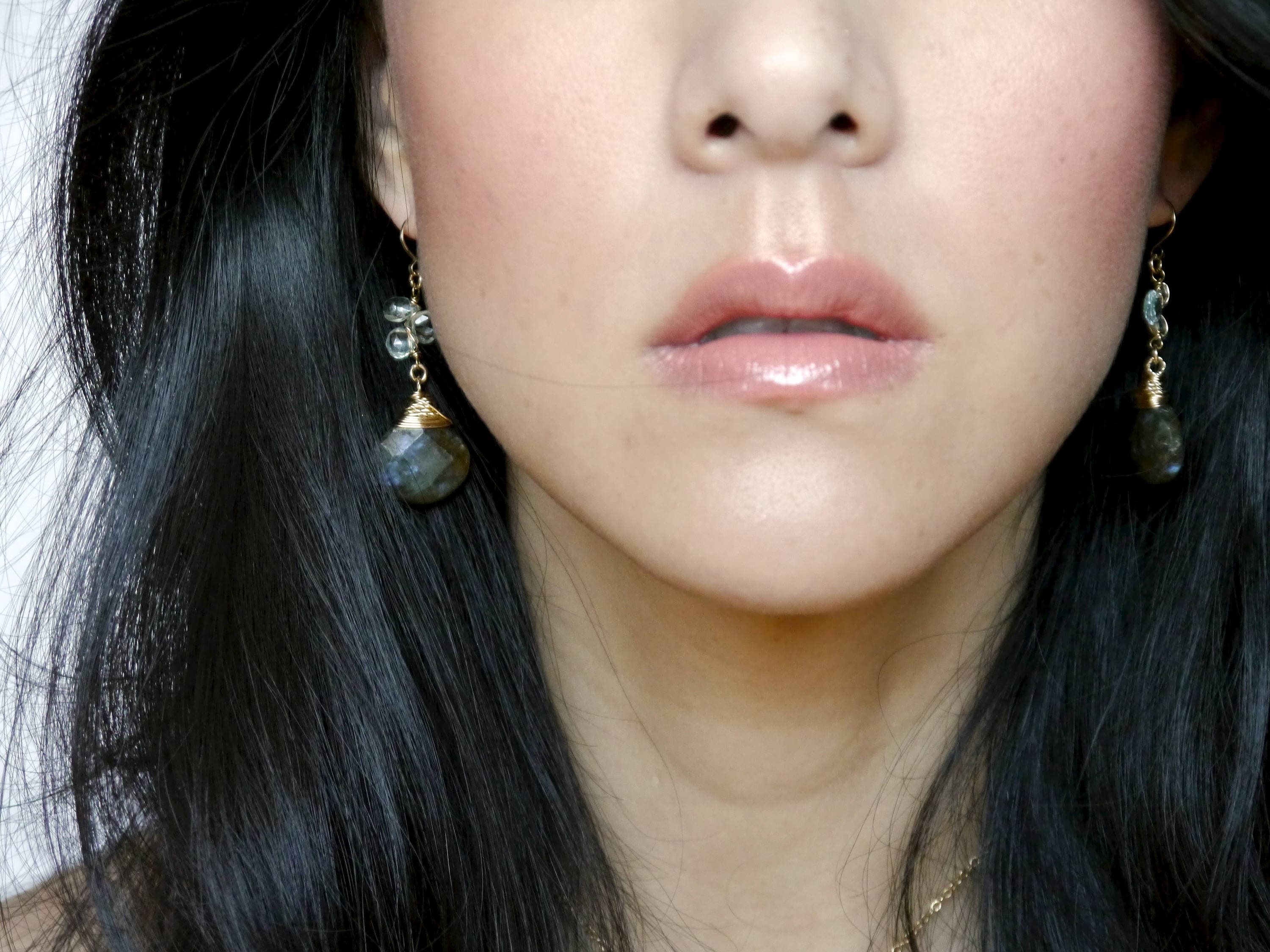 Aquamarine Labradorite Floral Teardrop Gemstone Earrings, 14K Gold Filled Bridal