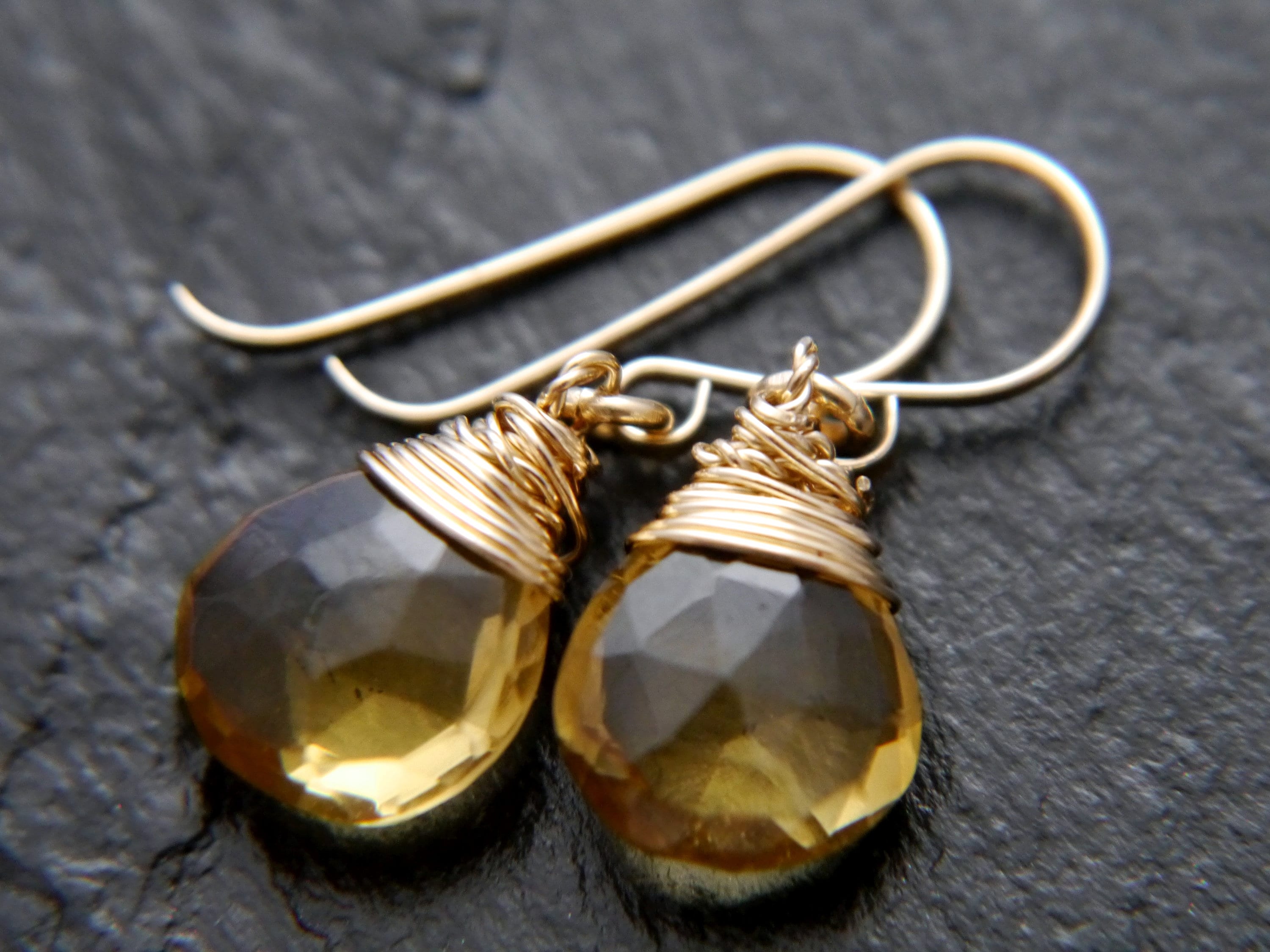 Beer Quartz Drop Earrings, Gold Filled Wire Wrapped Gemstone Wedding Bride