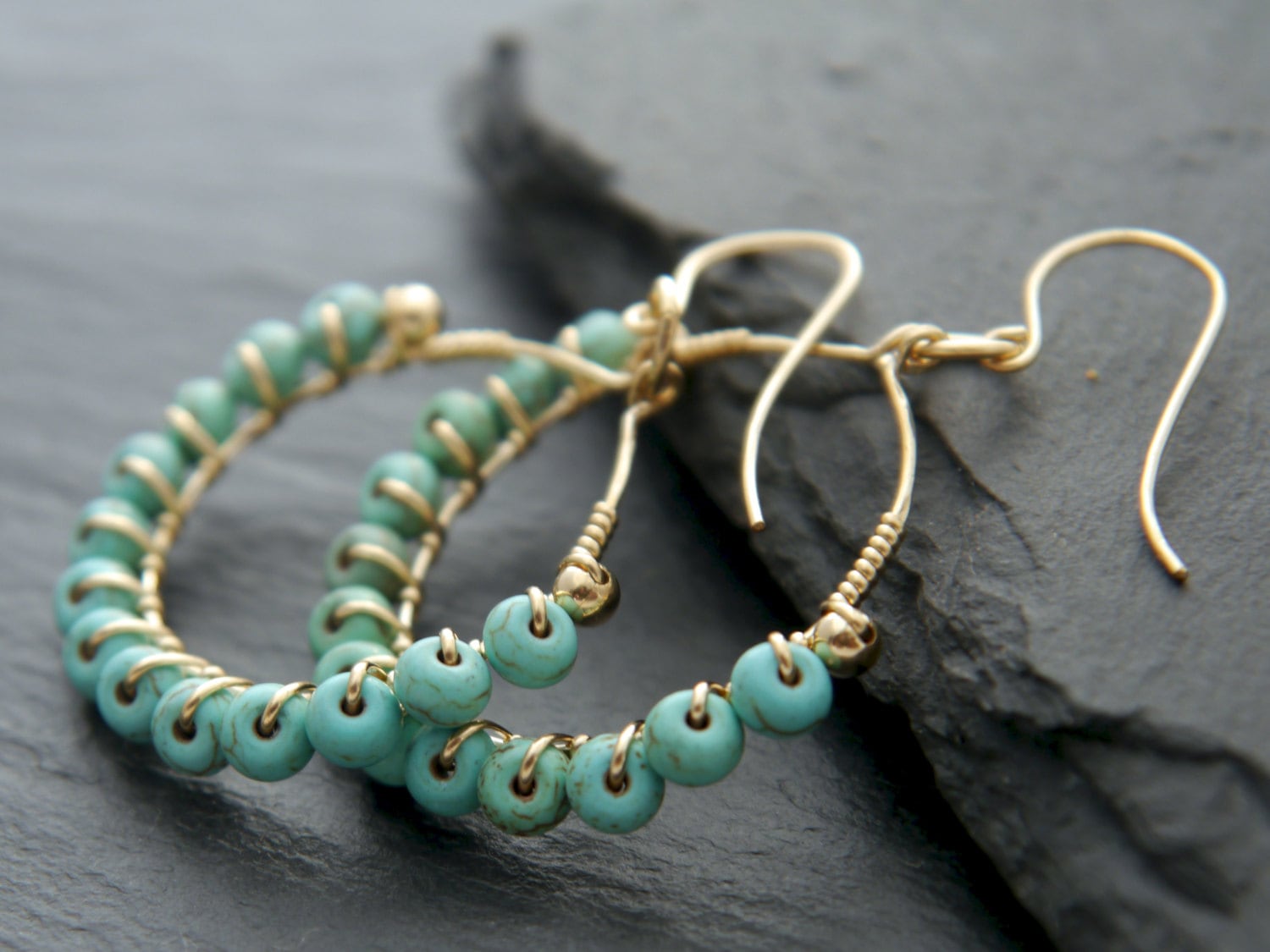 Turquoise Magnesite Hammered Texture Hoop Gemstone Earrings, 14K Gold Filled Summer Style