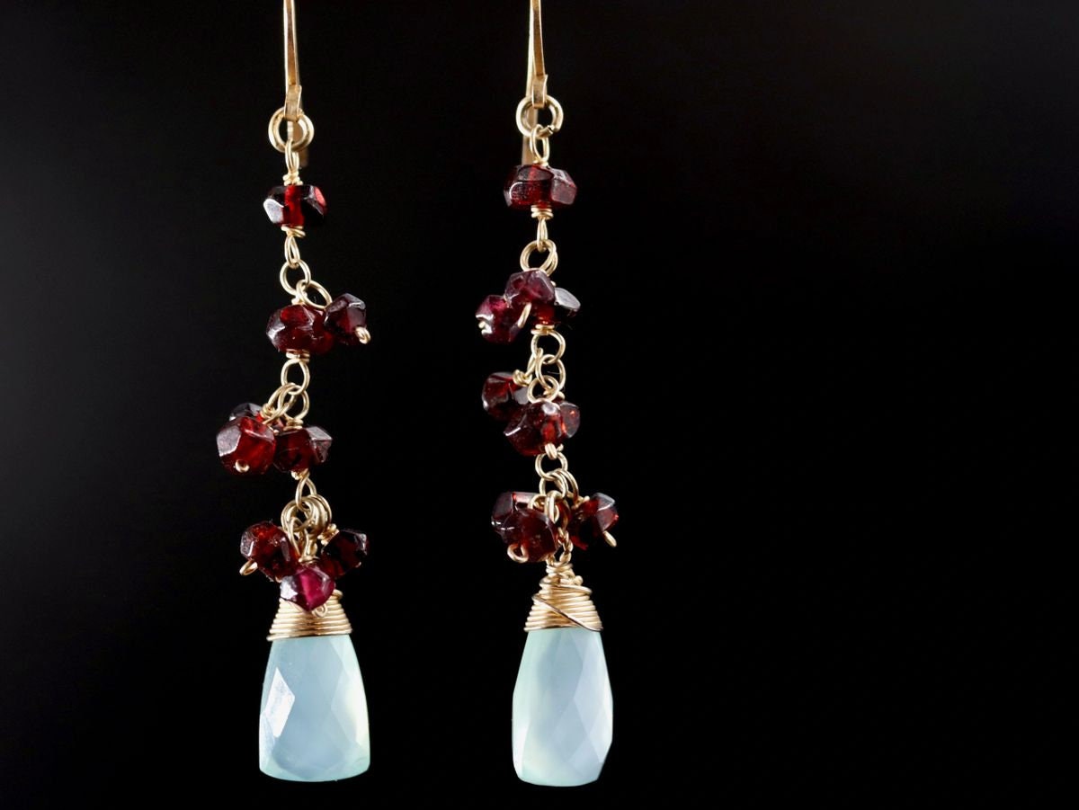 Garnet Aqua Chalcedony Briolette Dangle, Gemstone Earrings, 14K Gold Filled Boho Jewelry