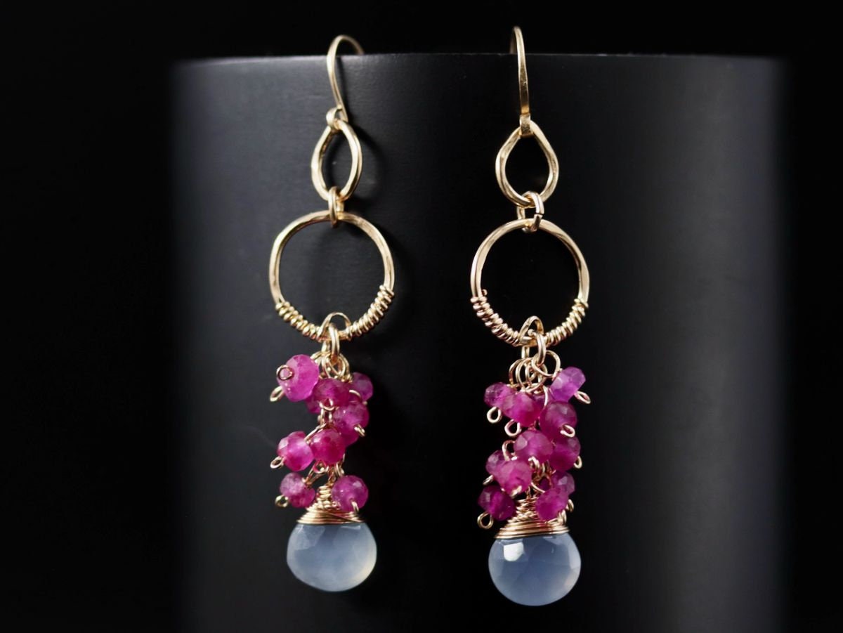 Ruby Chalcedony Heart Briolette Floral Cluster Gemstone Earrings, 14K Gold Filled