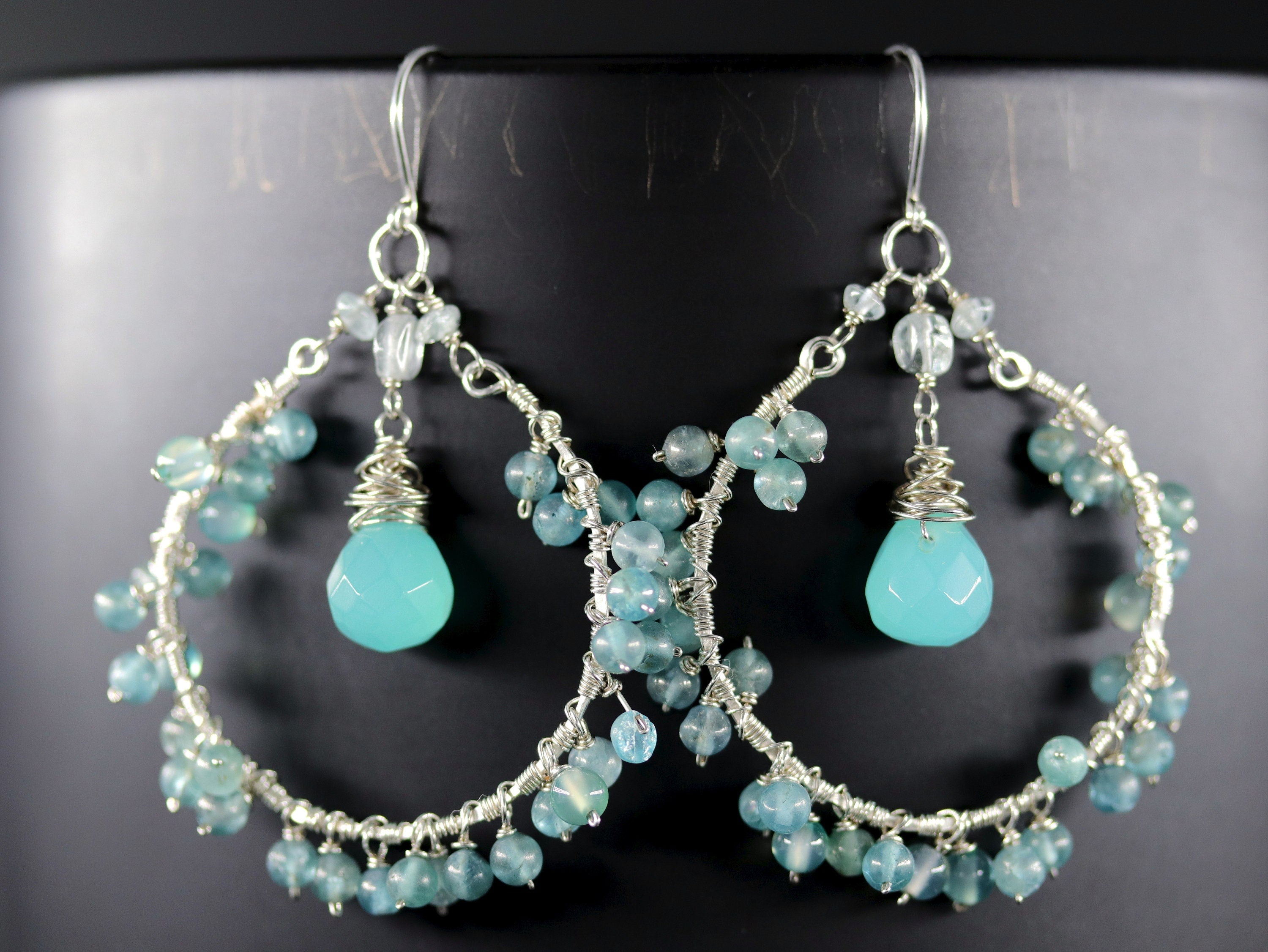 Chalcedony Goshenite Floral Garland Hoop Gemstone Earrings, Sterling Silver