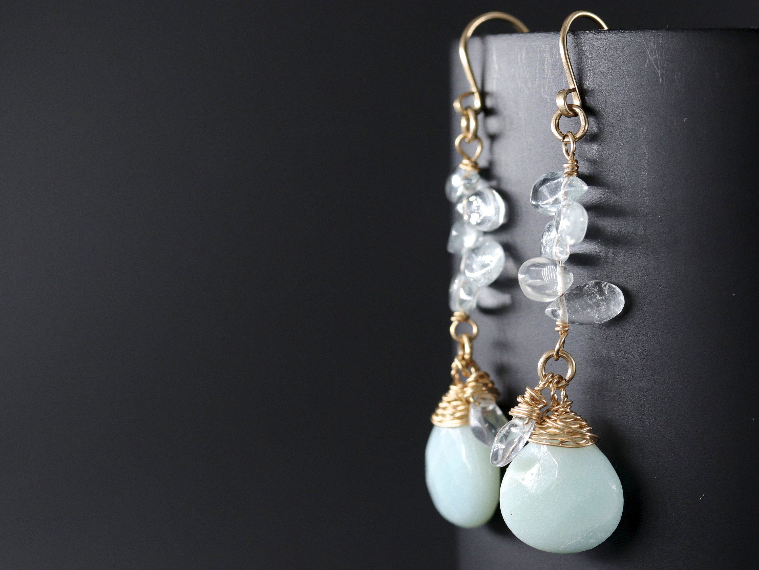 Aquamarine Amazonite Floral Dangle Teardrop Gemstone Earrings, 14K Gold Filled