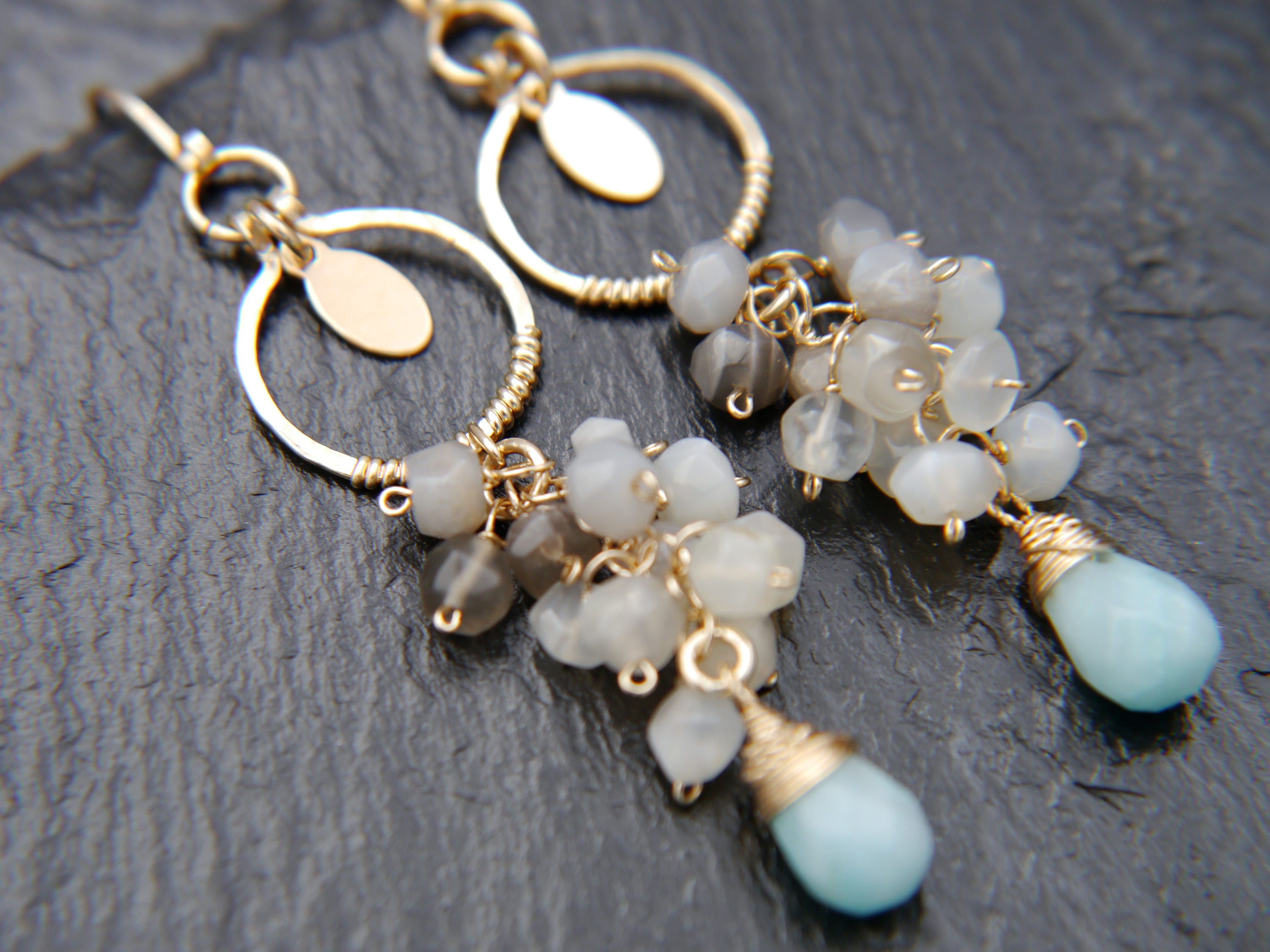 Moonstone Amazonite Cluster Gemstone Earrings 14K Gold Filled Nature Inspired