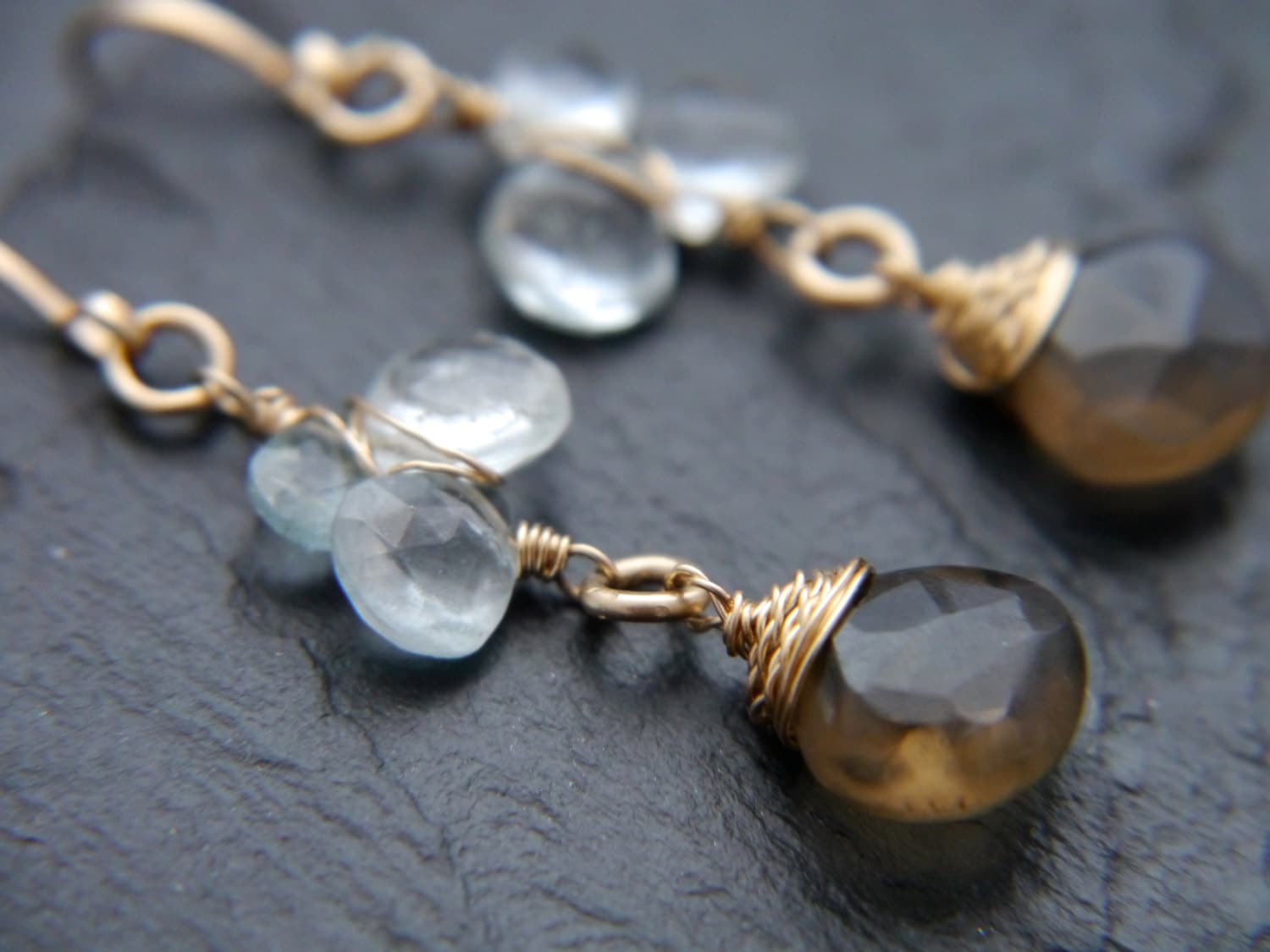 Aquamarine Labradorite Dangle Floral Gemstone Earrings, 14K Gold Filled Wedding