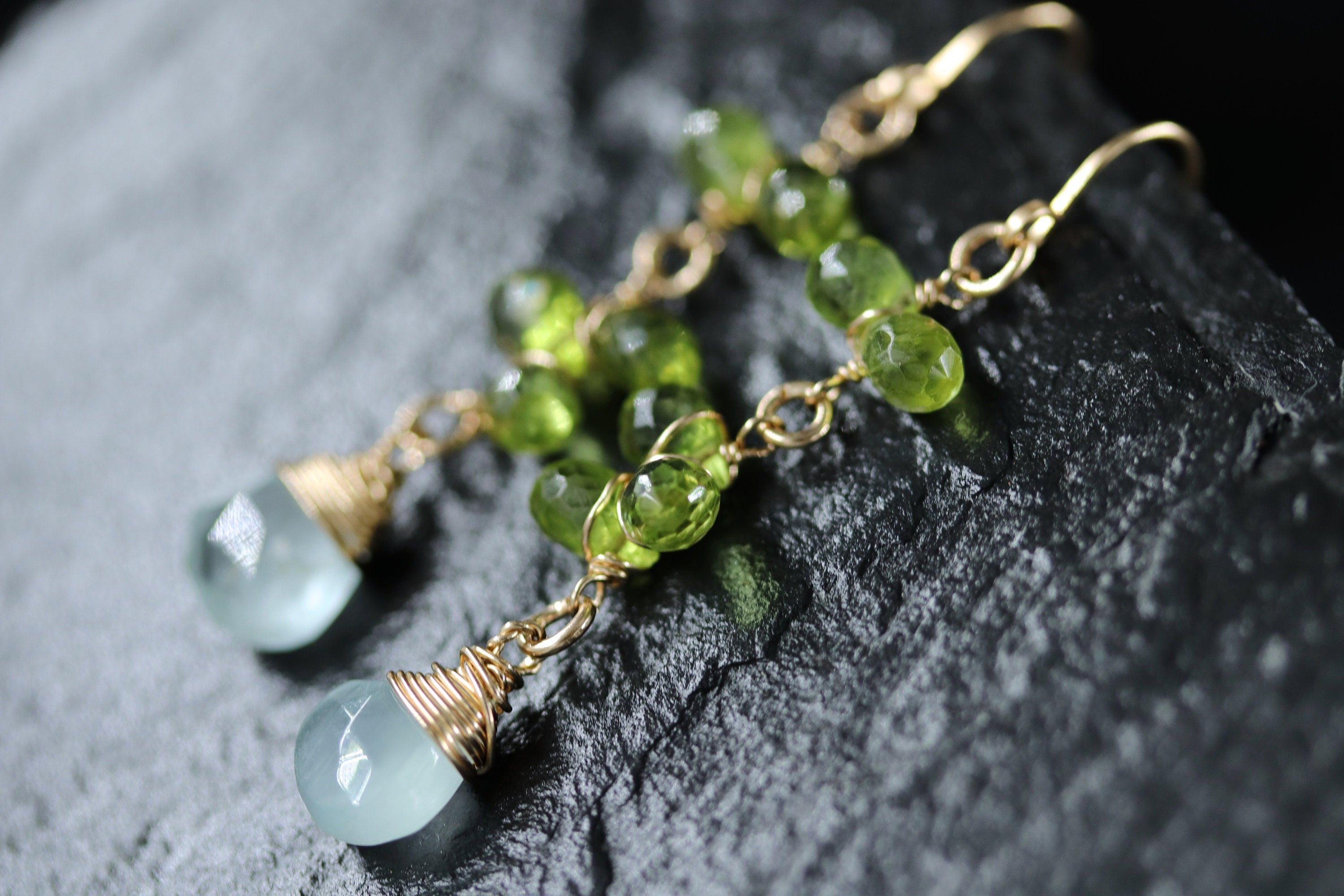 Aquamarine Peridot Dangle Vine Gemstone Earrings, 14K Gold Filled Floral Design