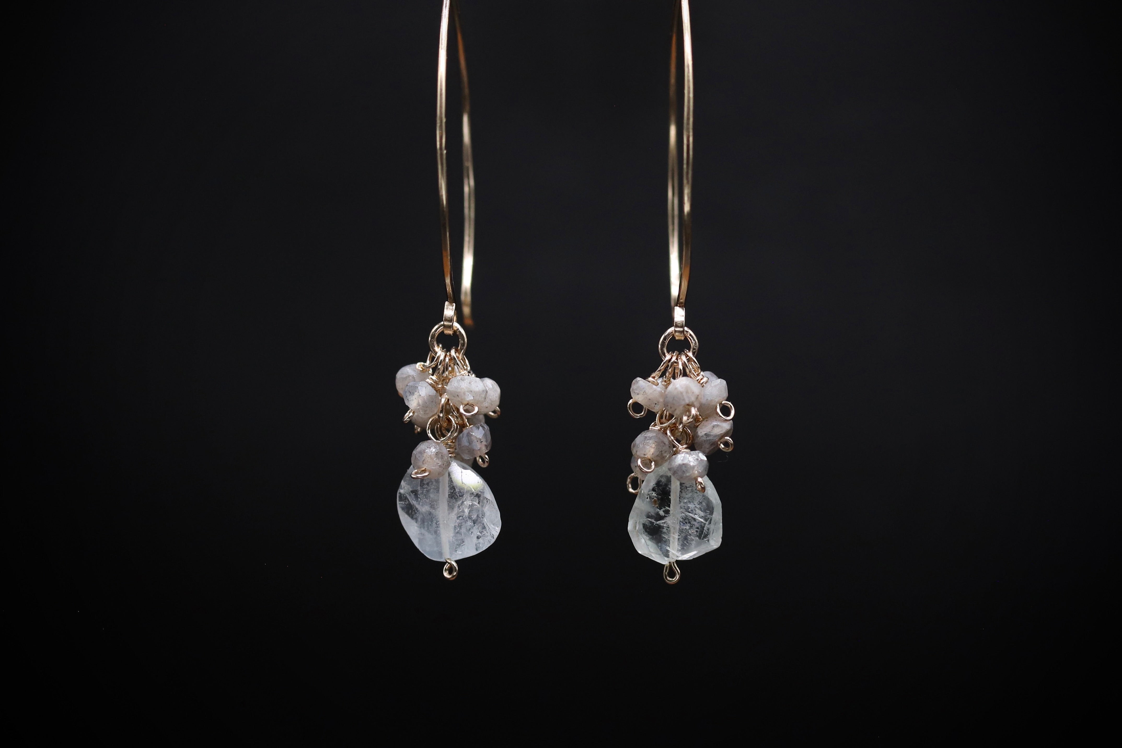 A pair of elegant earrings with clear gemstone accents hanging from a gold hoop.