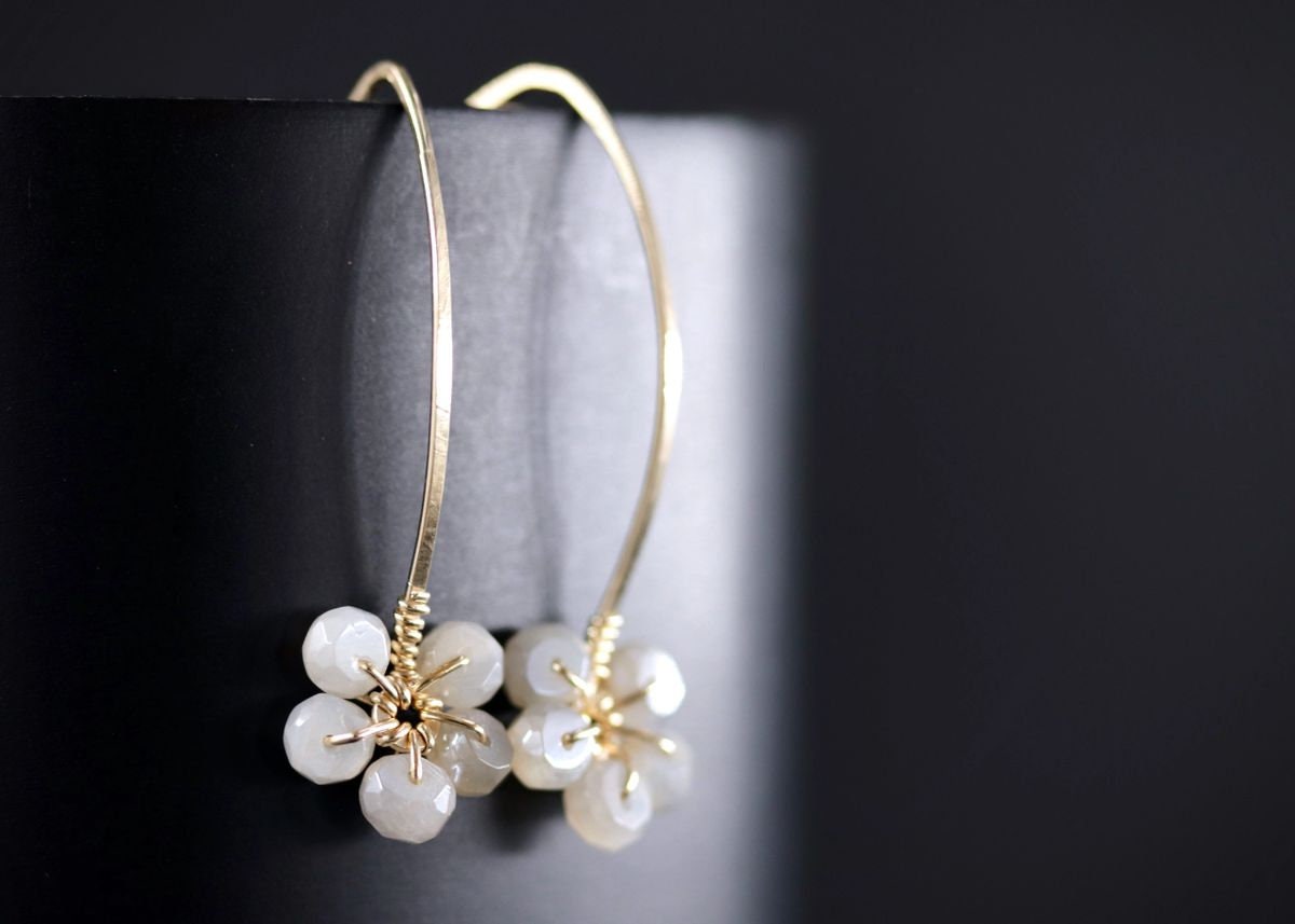 Moonstone Floral Hoop Gemstone Earrings, 14K Gold Filled Nature Inspired