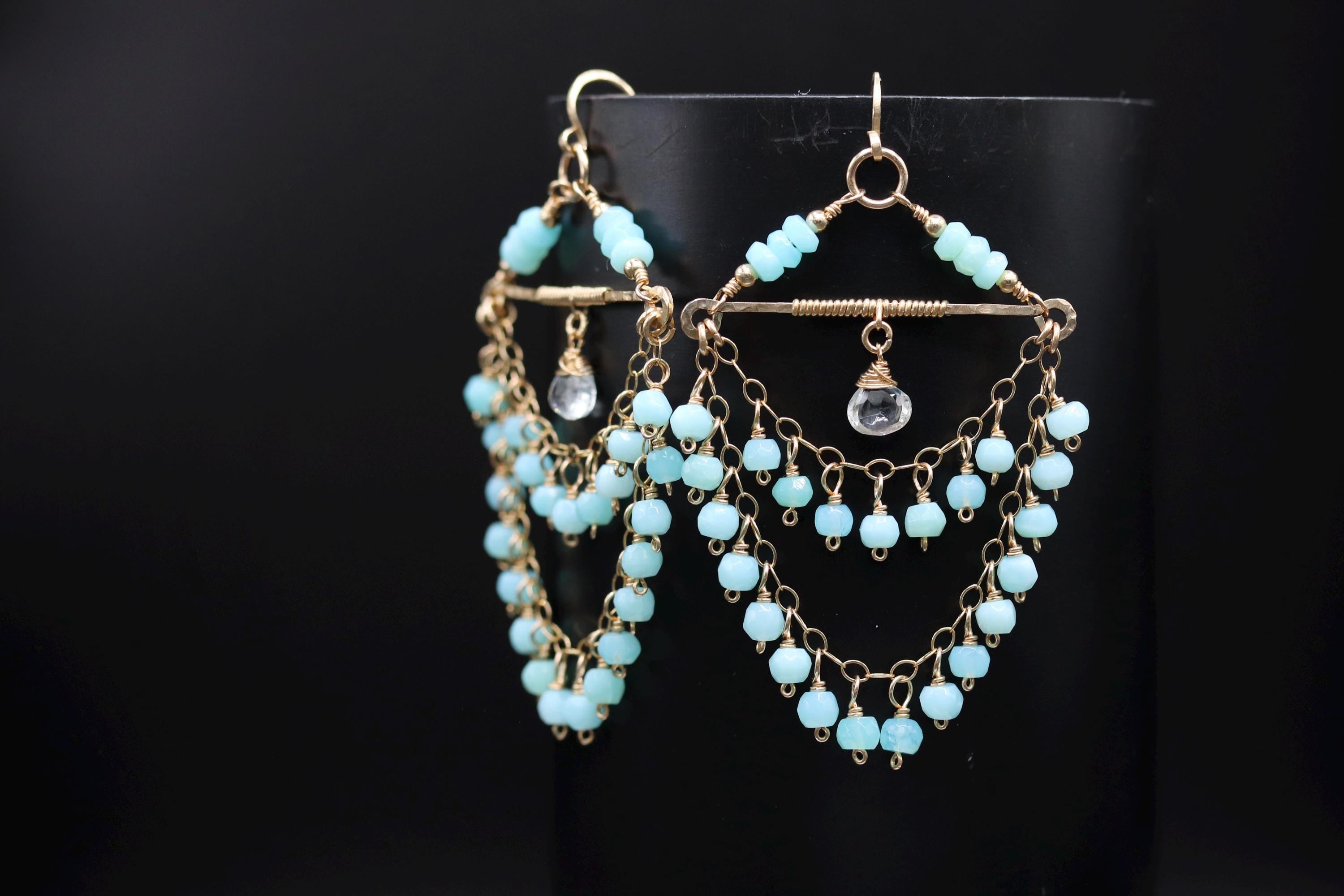 Peruvian Blue Opal Tiered Fringe Chandelier Earrings, 14K Gold Filled Statement Bohemian Wedding Jewelry