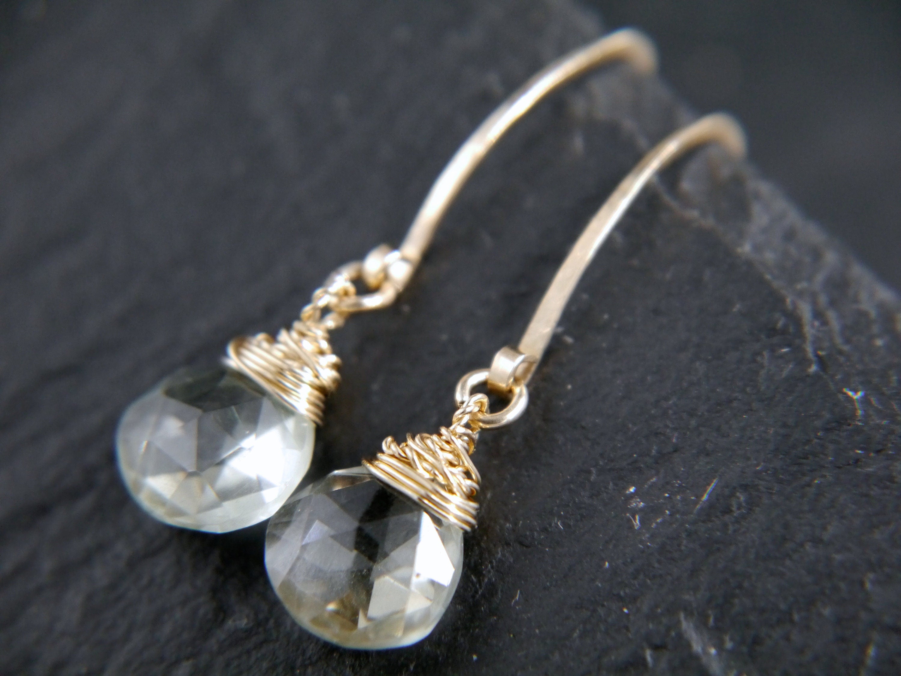 Green Amethyst Long Hoop Gemstone Earrings, 14K Gold Filled Classic Style