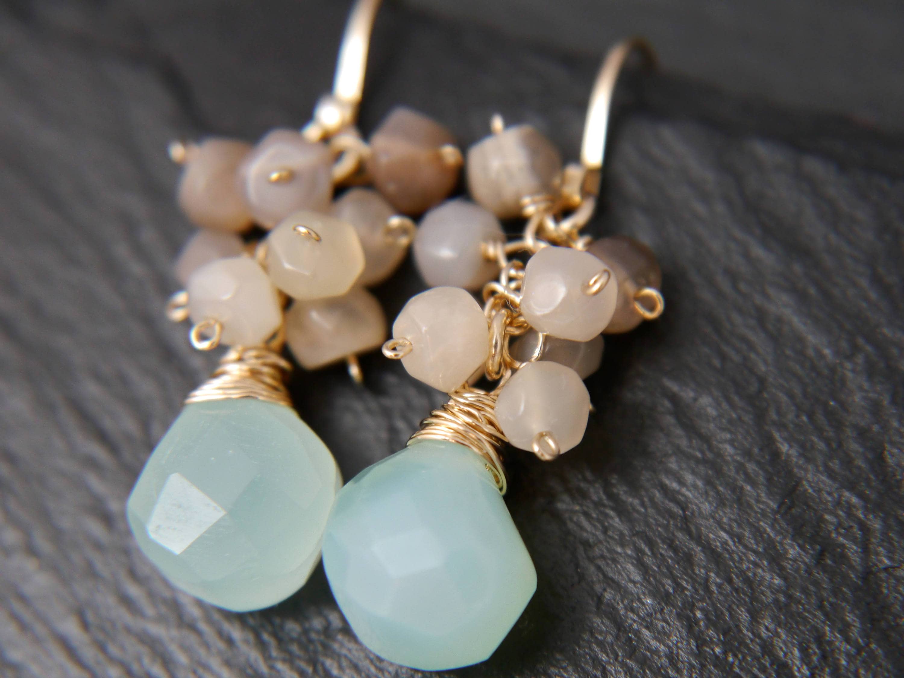 Moonstone Cluster Aqua Chalcedony Heart Gemstone Earrings, 14K Gold Filled Romantic