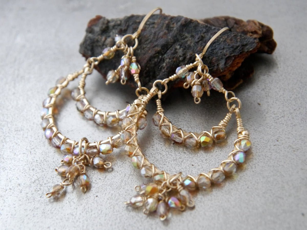 Bridal Chandelier Gold Earrings, 14K Gold Filled Dangle Earrings, Long Earrings, Champagne Czech Glass, Garden Wedding Earrings