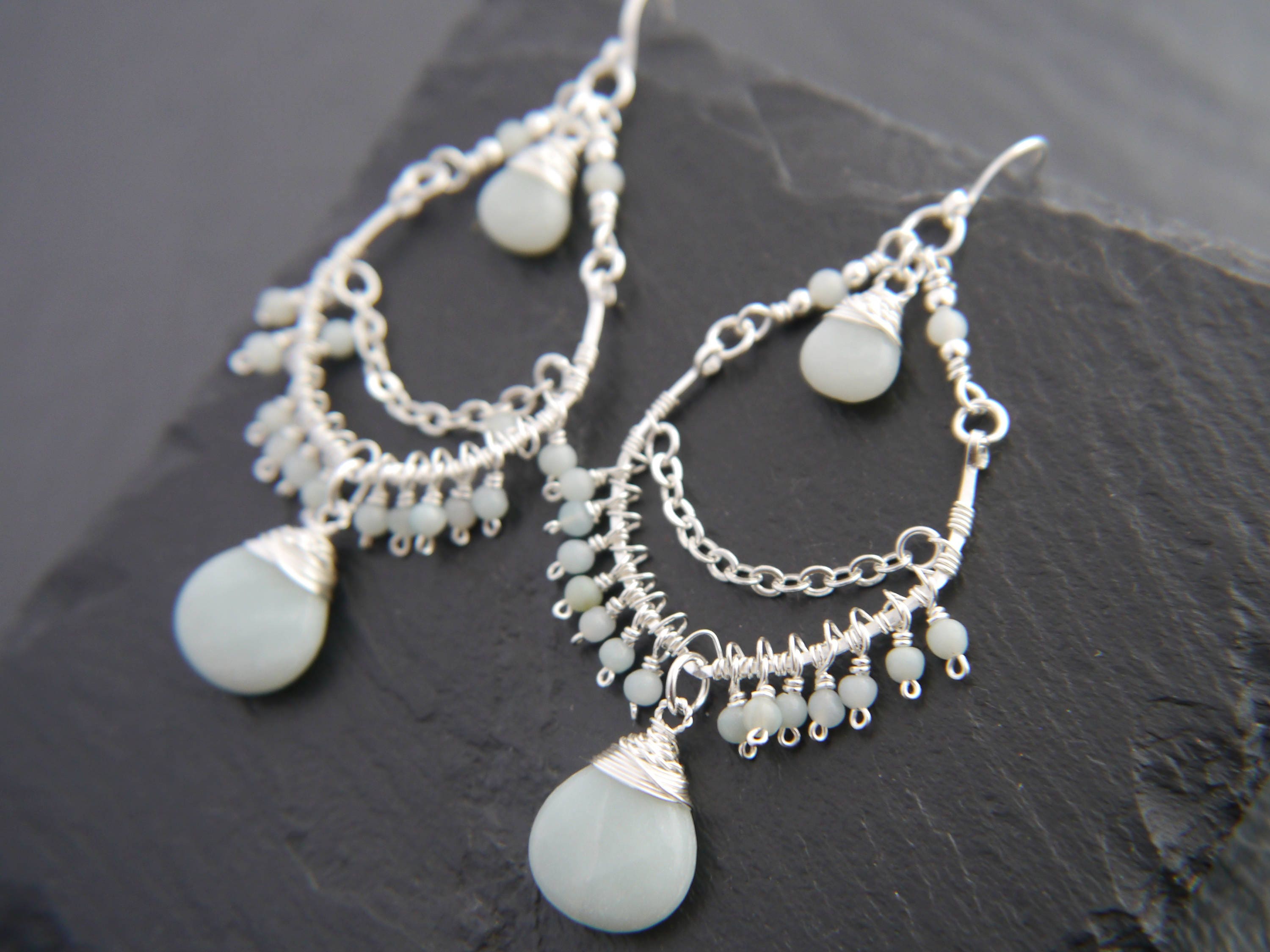Amazonite Chandelier Gemstone Earrings, Sterling Silver Bohemian Style