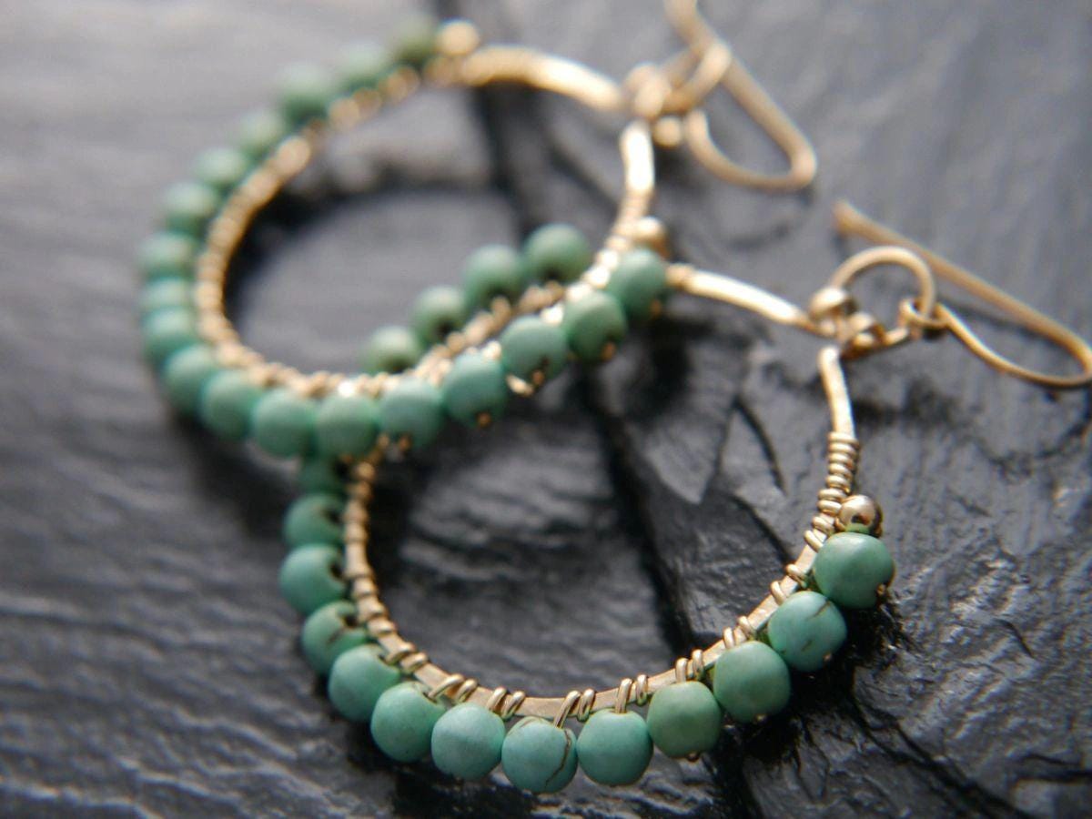 Turquoise Magnesite Hoop Gemstone Earrings, 14K Gold Filled Summer Style