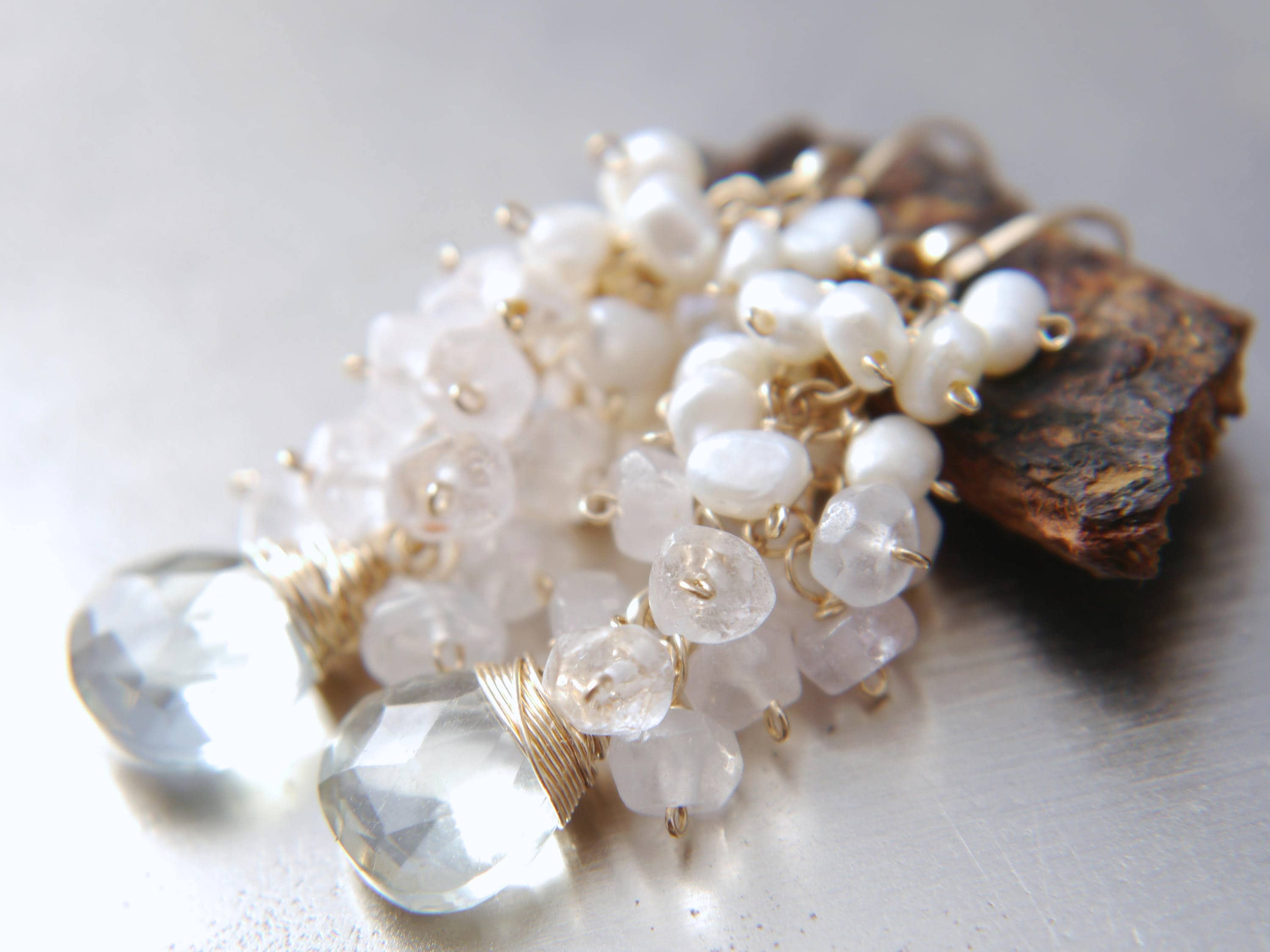 Green Amethyst Rose Quartz Pearl Cluster Gemstone Earrings, 14K Gold Filled Garden Wedding