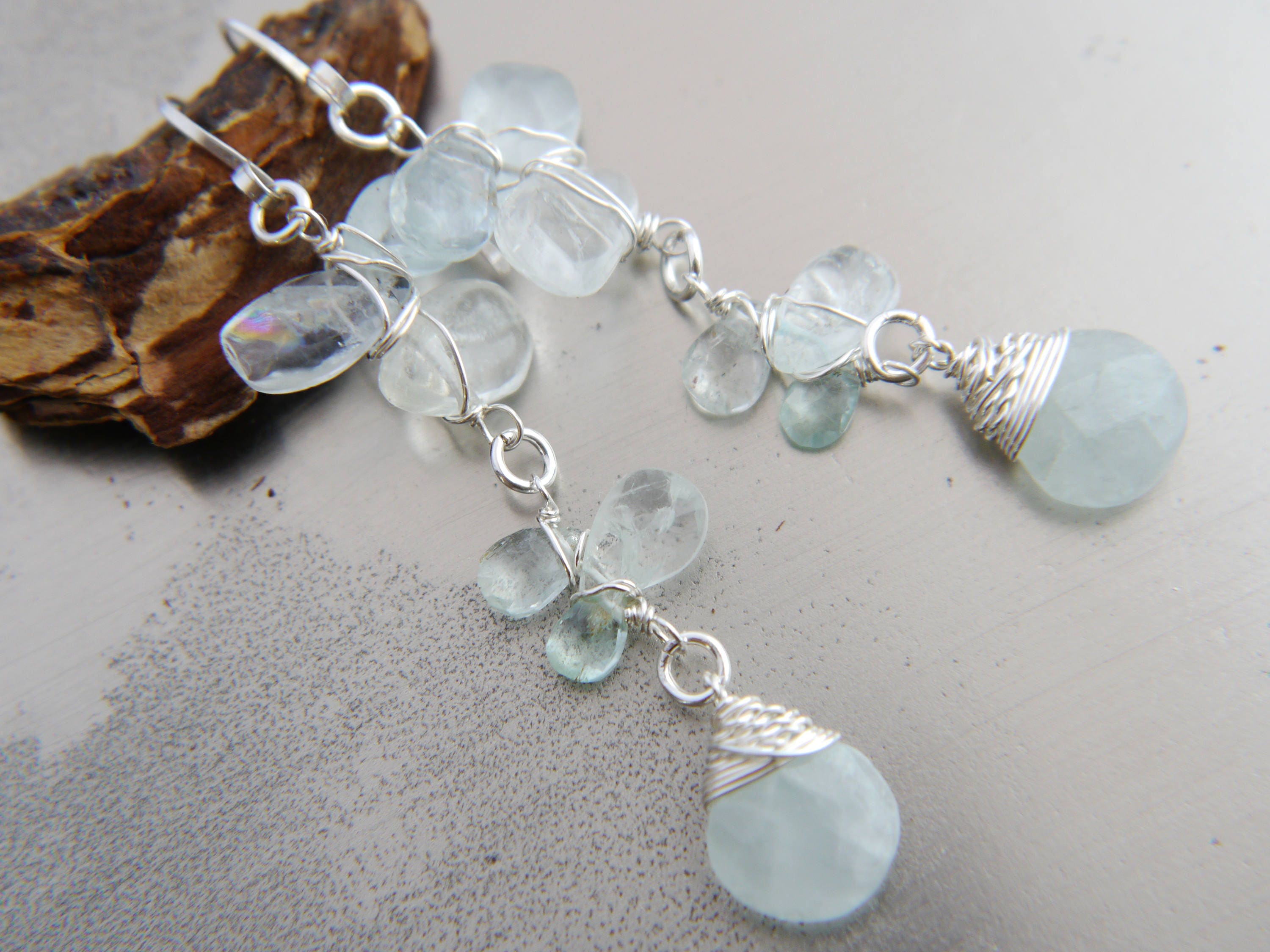 Aquamarine Long Dangle Floral Gemstone Earrings, Sterling Silver Wedding Jewelry