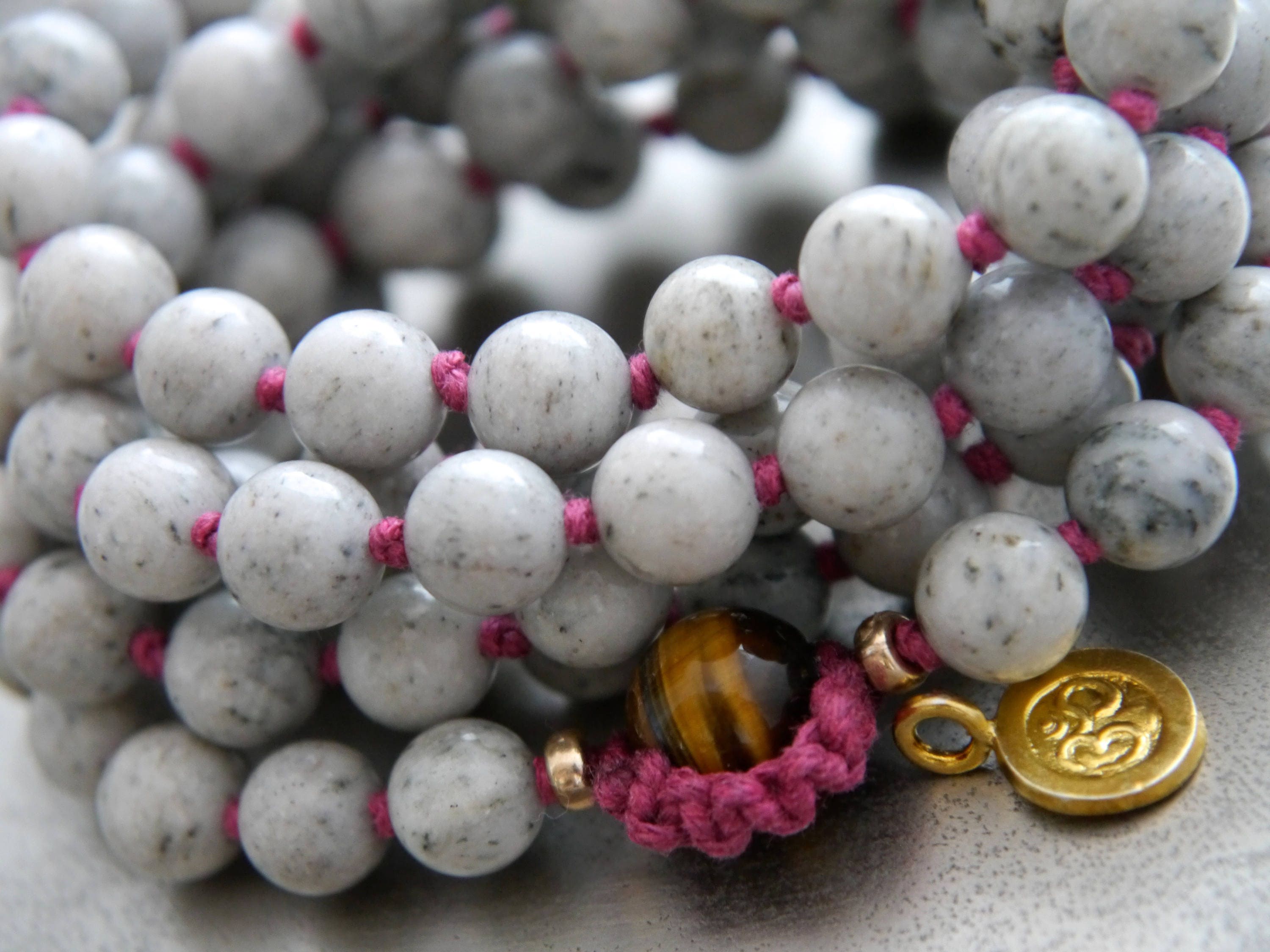 Gray Feldspar 108 Mala Bead , Wrap, Hand Knotted Tibetan Prayer Beads