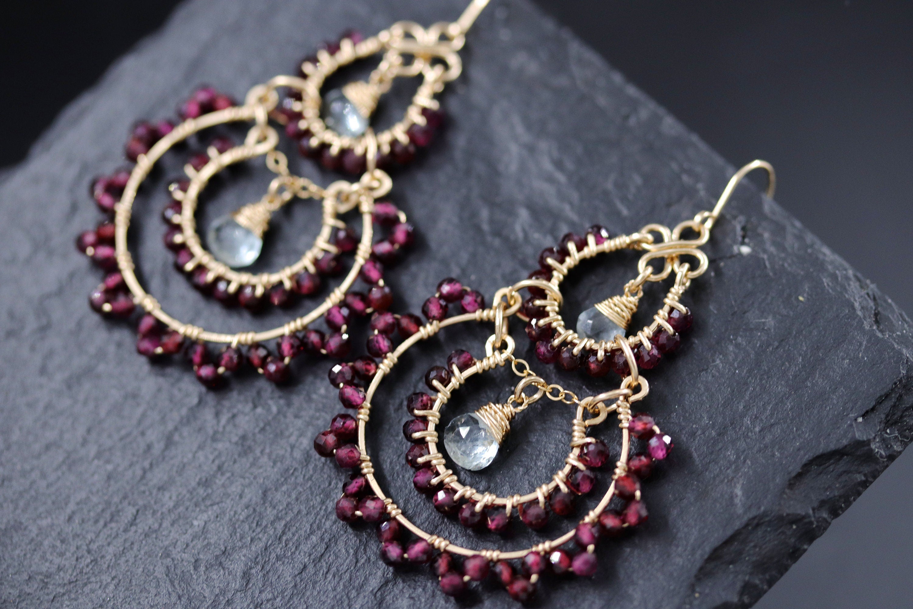 Garnet Aquamarine Fringe Chandelier Earrings, 14K Gold Filled Long Dangle, Heirloom Statement