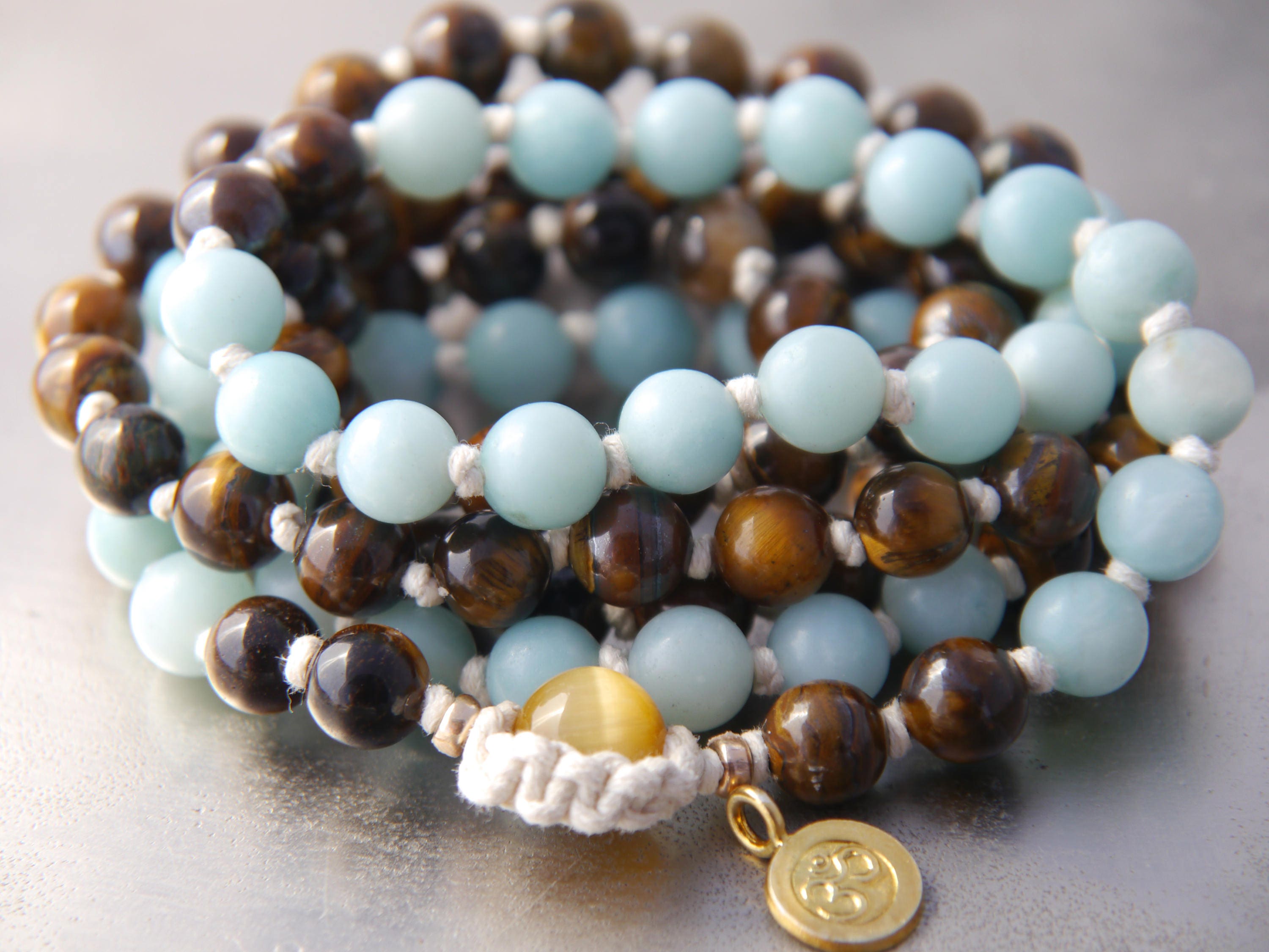 Brown Tiger’s Eye Blue Amazonite Mala Beads, 108 Gemstone Beads, Wrap, Hand Knotted