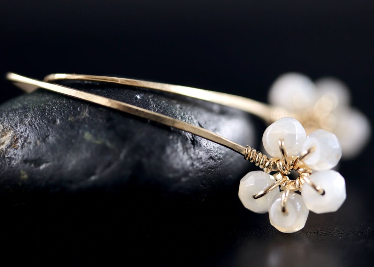 Moonstone Floral Hoop Gemstone Earrings, 14K Gold Filled Nature Inspired