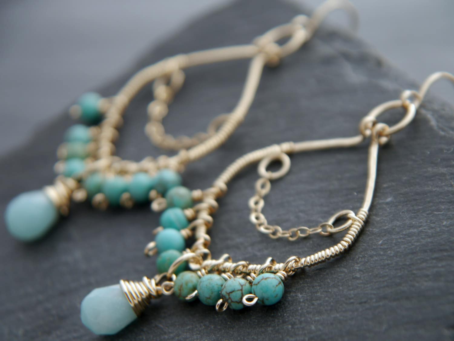 Turquoise Magenesite Aqua Amazonite Chandelier Fringe Gemstone Earrings, 14K Gold Filled