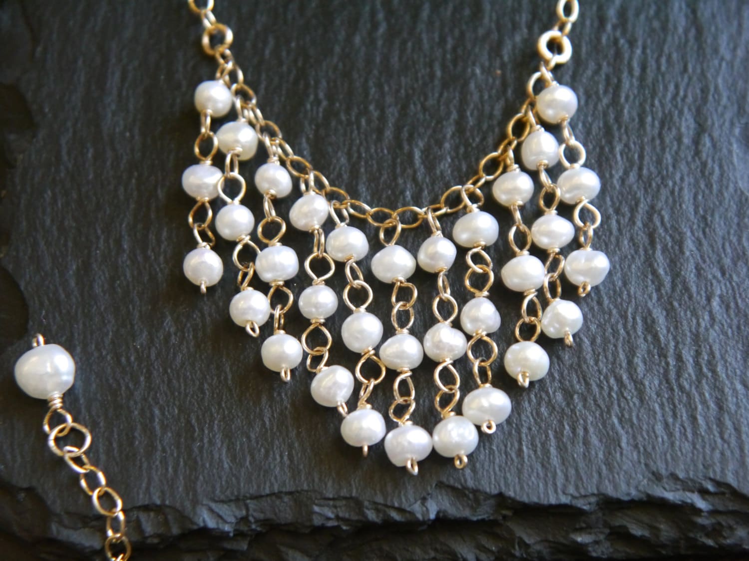 Gold Filled Pearl Tassel Bib Necklace, Bohemian Wedding Jewelry