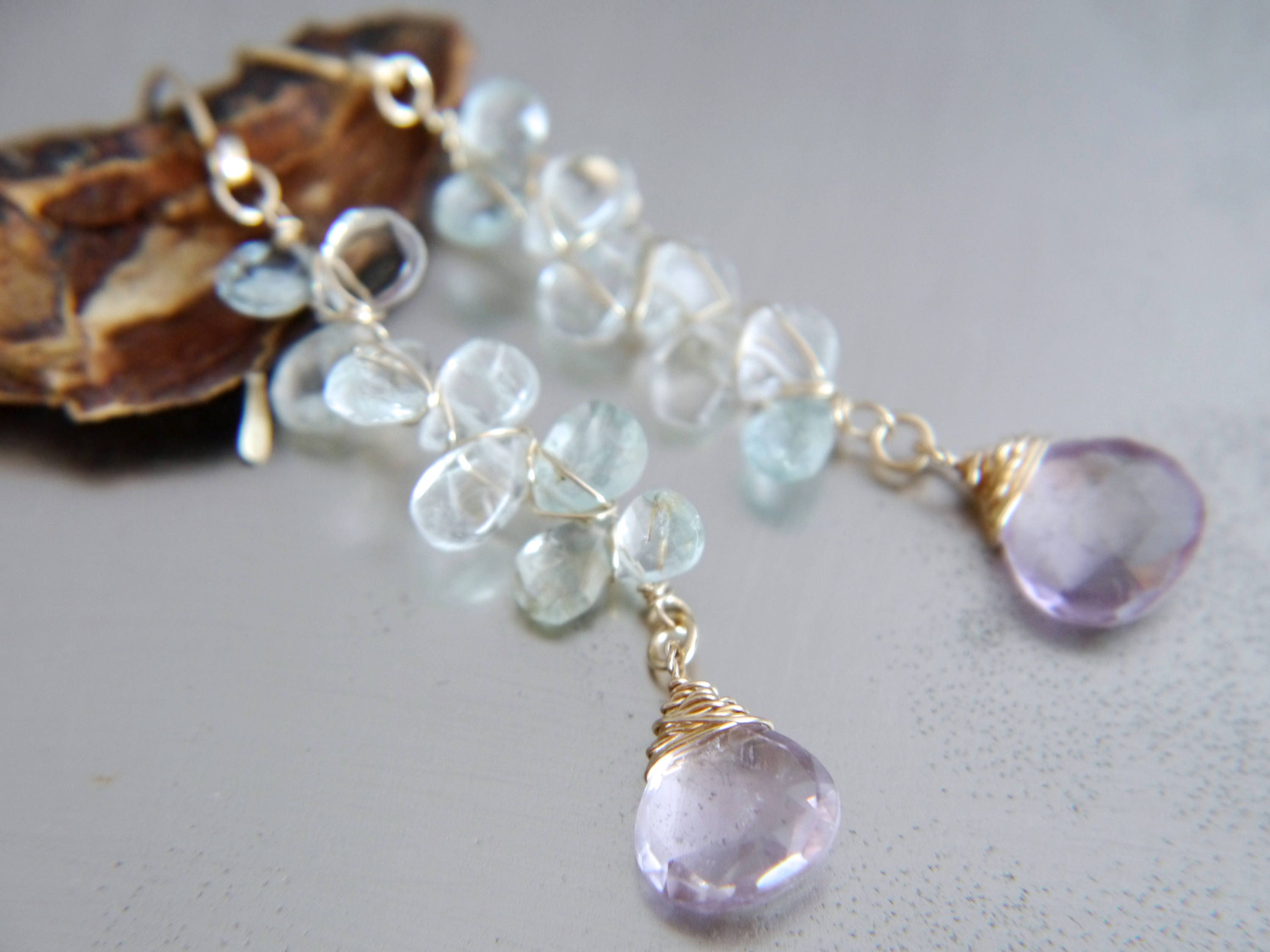 Aquamarine Amethyst Long Dangle Floral Gemstone Earrings, 14K Gold Filled Wedding