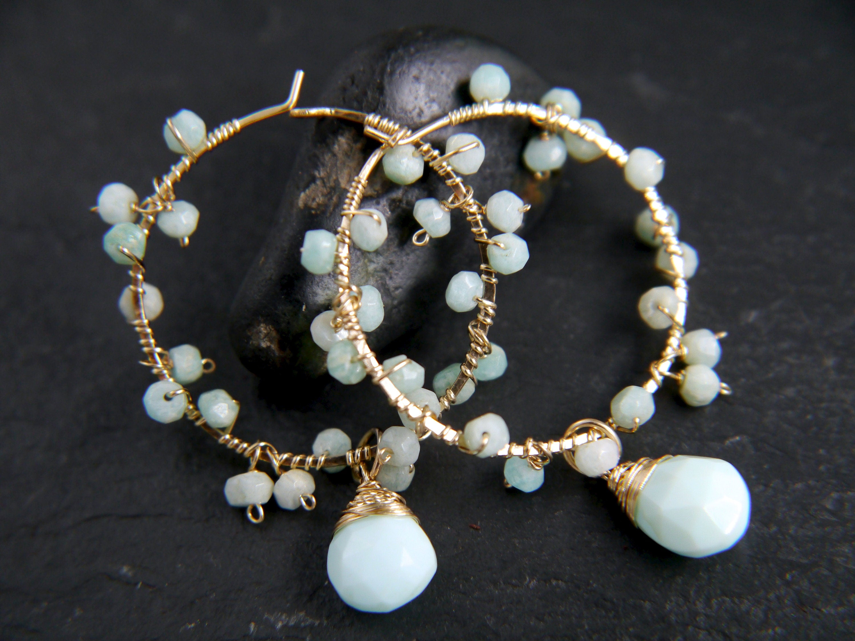 Amazonite Blue Opal Garland Earrings, 14K Gold Filled Floral Drape, Nature Inspired Statement