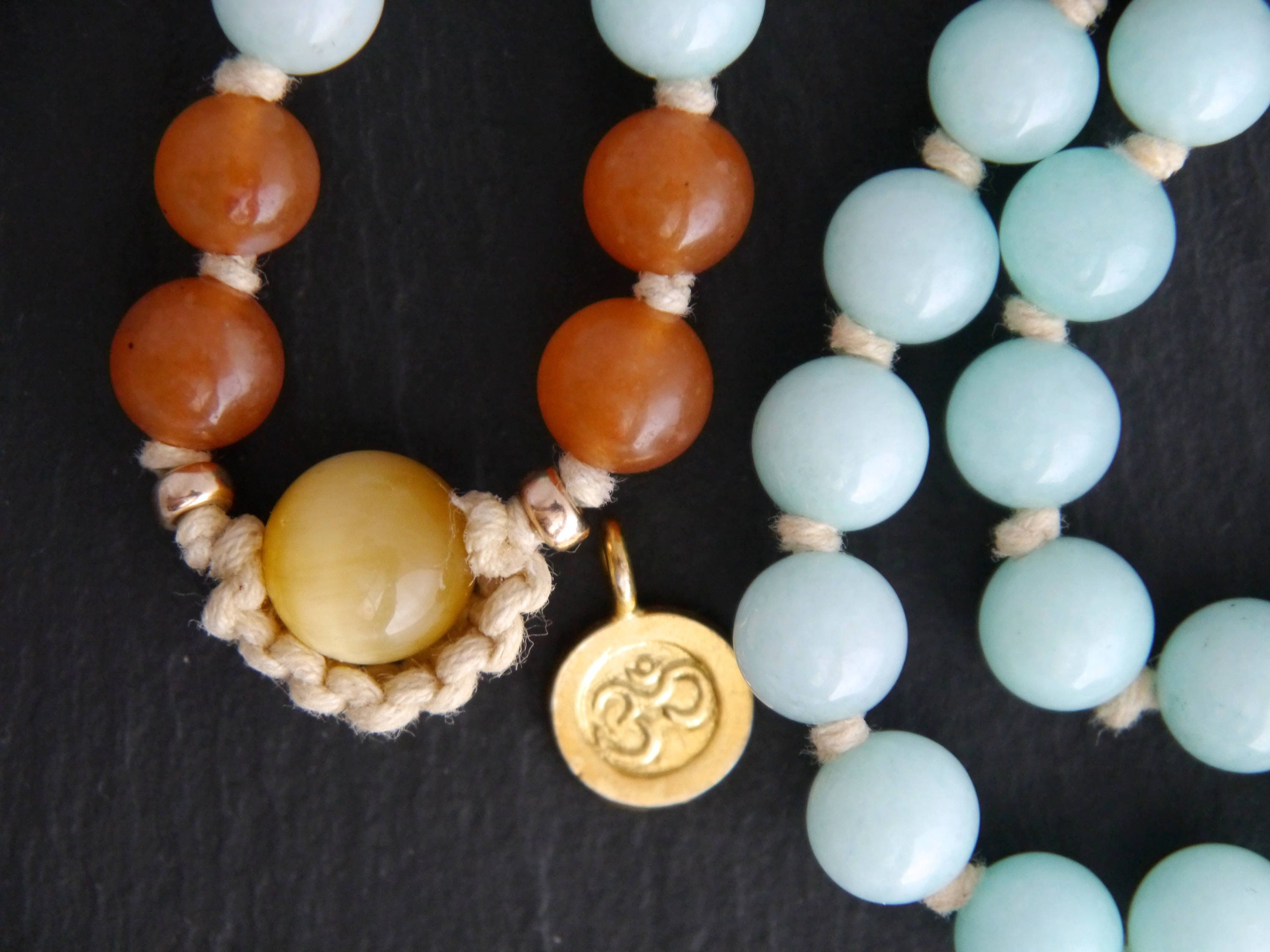 Red Aventurine Amazonite 108 Mala Bead , Wrap, Hand Knotted Tibetan Prayer Beads