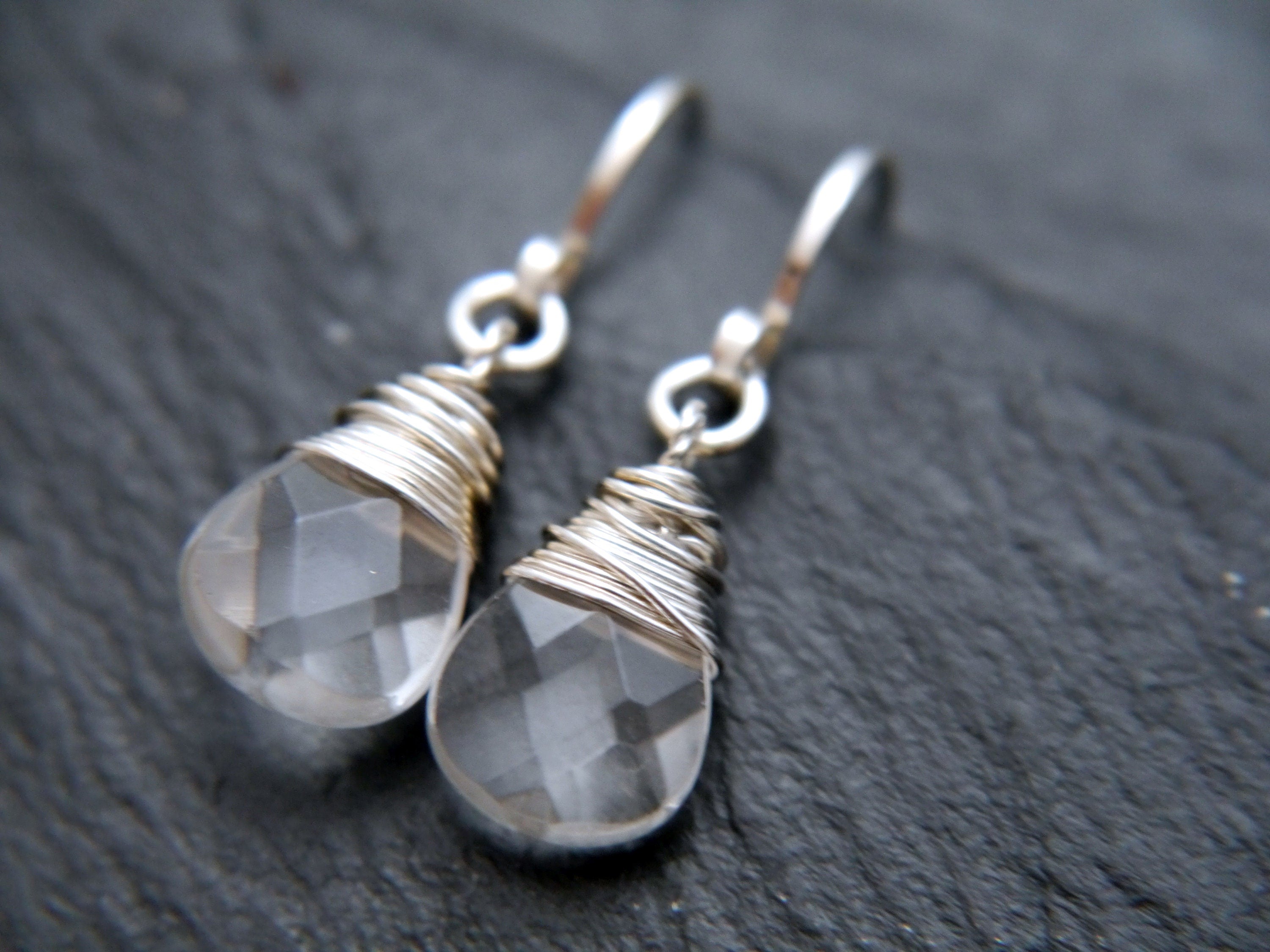 Clear Quartz Teardrop Gemstone Earrings, Sterling Silver, Minimalist