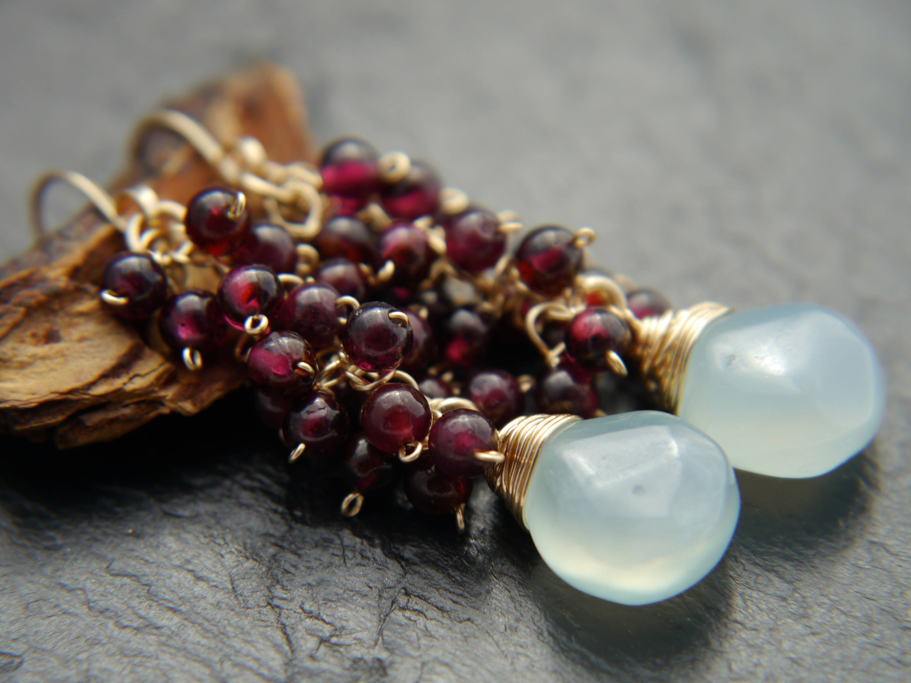 Aqua Chalcedony Garnet Cluster Earrings, 14K Gold Filled Briolette Dangle, Boho Jewelry