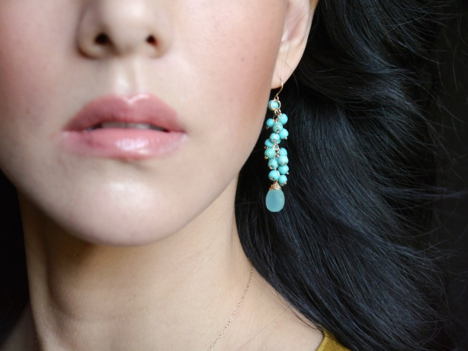Aqua Chalcedony Turquoise Cluster Dangle Gemstone Earrings, 14K Gold Filled