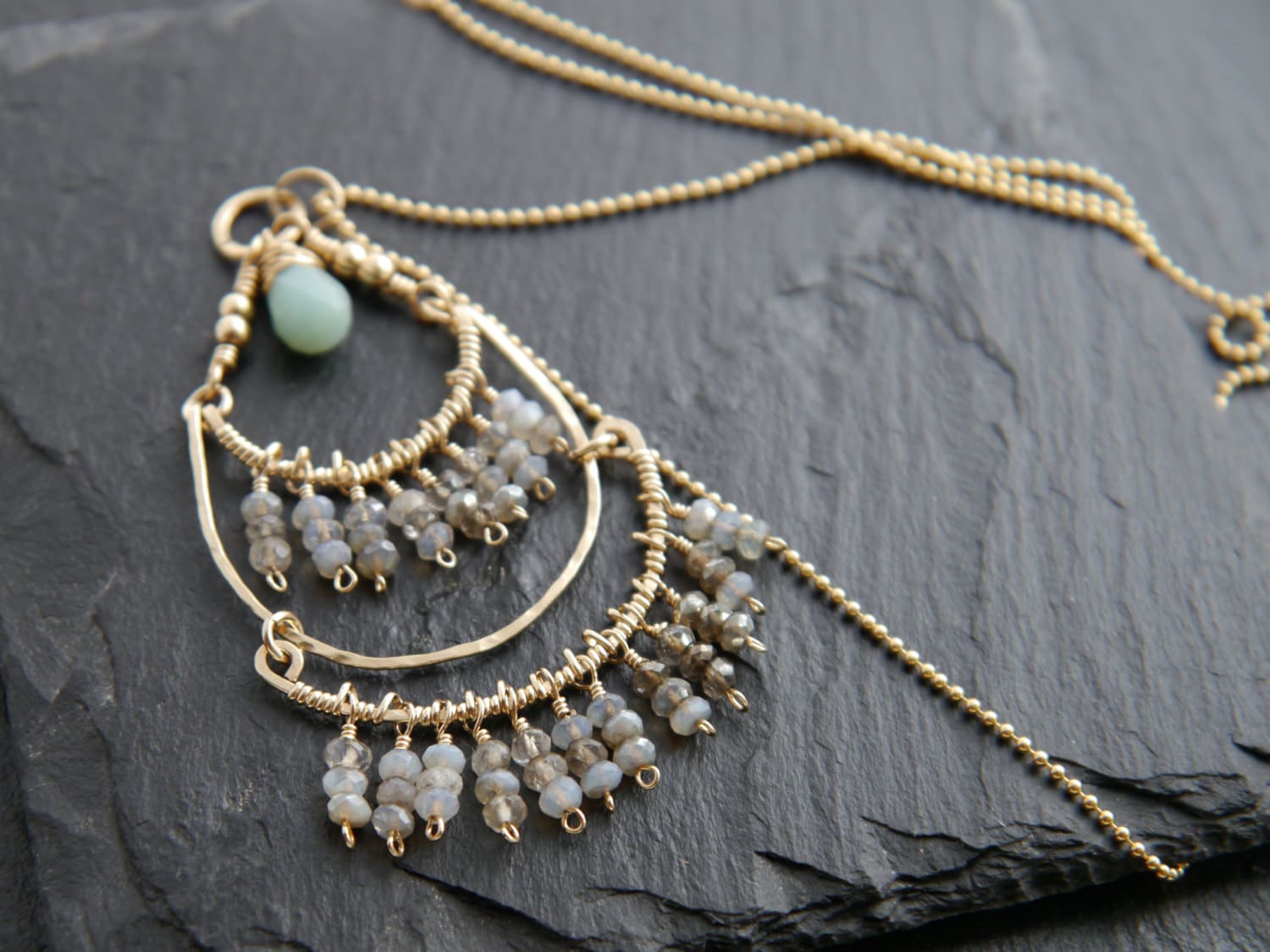 Labradorite Amazonite Gemstone Necklace, 14K Gold Filled, Bohemian Wedding