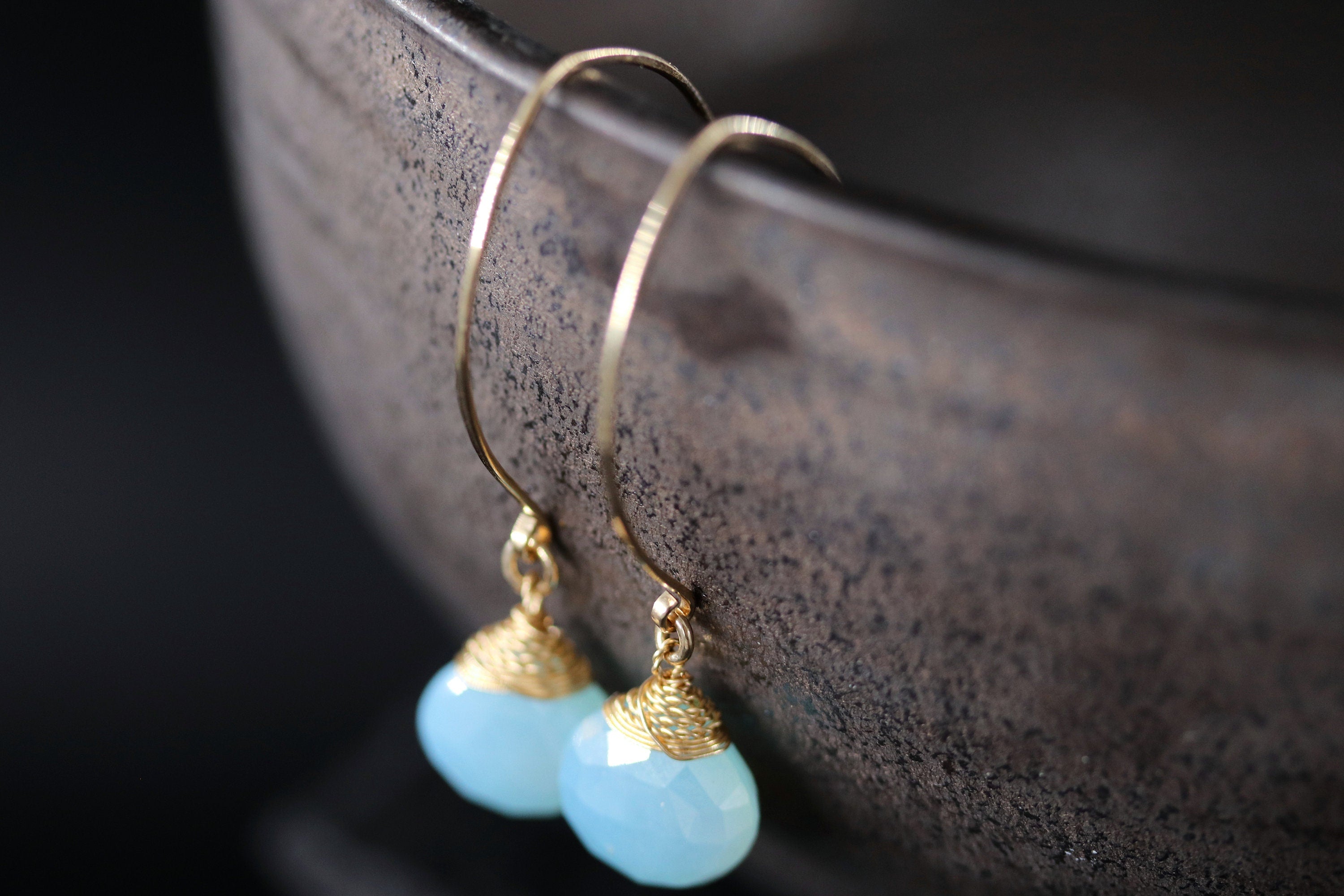 Aqua Chalcedony Heart Briolette Gemstone Earrings, 14K Gold Filled Romantic Gift