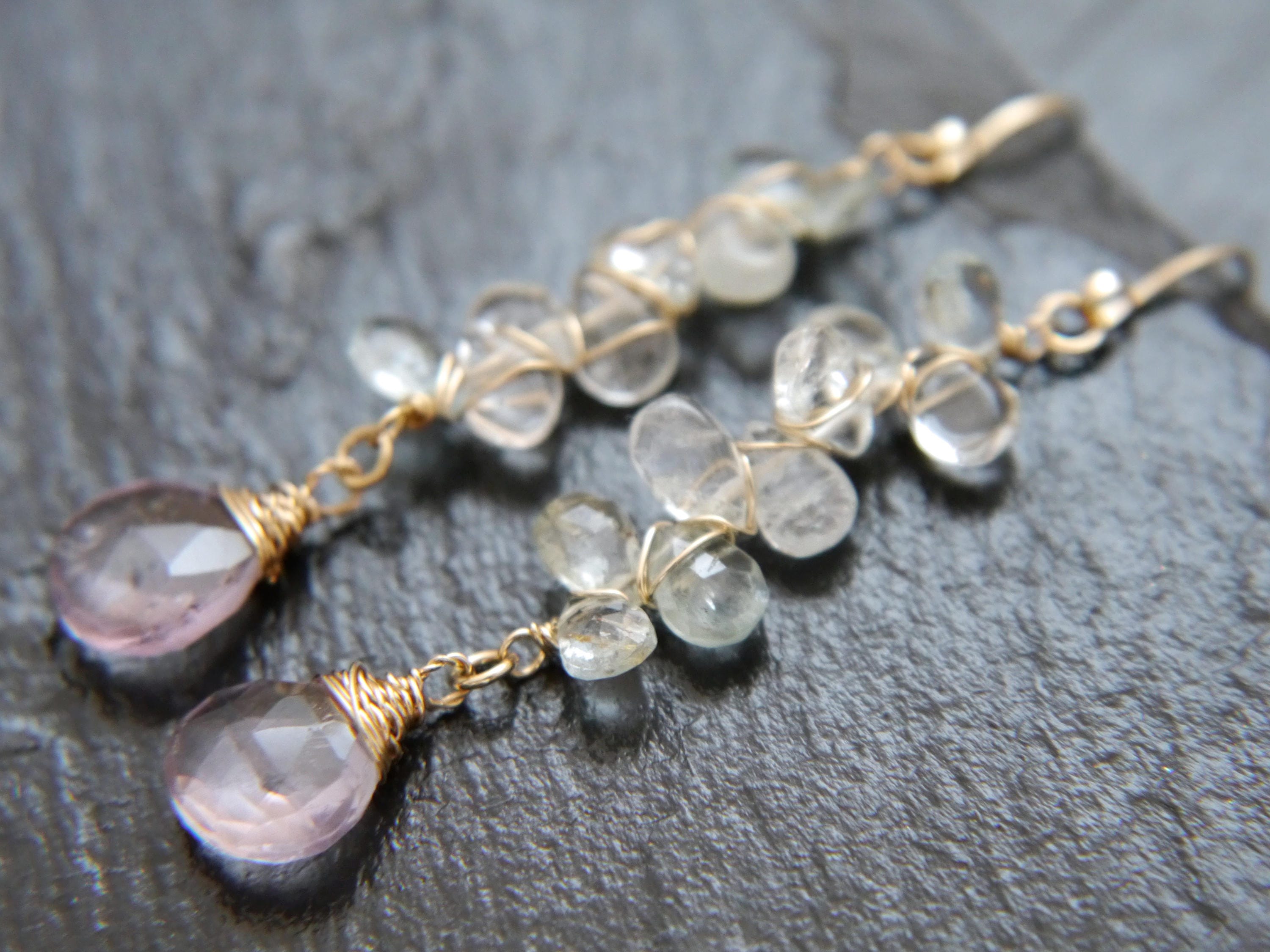 Aquamarine Amethyst Long Dangle Floral Gemstone Earrings, 14K Gold Filled Wedding
