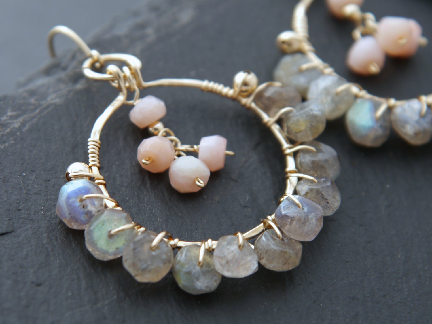 Labradorite Opal Floral Hoop Gemstone Earrings, 14K Gold Filled Bohemian Jewelry